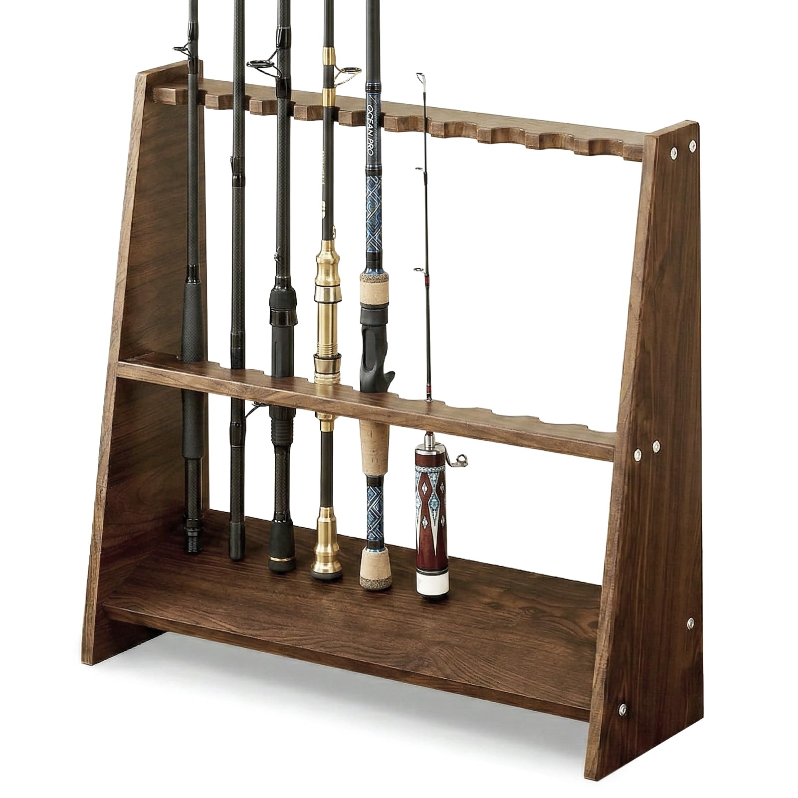 YUZINO Fishing Pole Rack, Double Tiers Wooden Pool Sticks Stand Holds 10 Rods, Pool Cue Stand Free Standing Suitable For Fishing Accessories Or Billiard Cue For Bars, Clubs, Billiard Players