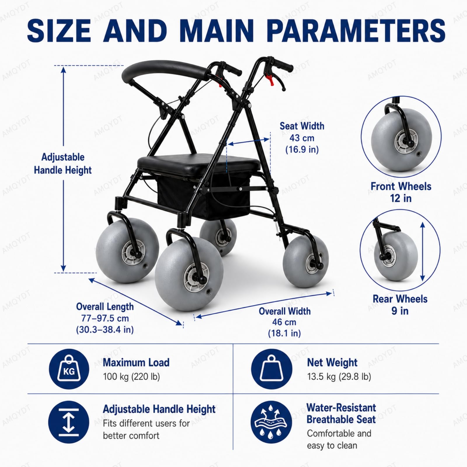 Silla De Ruedas De Playa con Neumáticos Anchos, Andador Todoterreno con Asas Ajustables, Asiento Impermeable Y Transpirable, Apto para Agua Salada Y con Capacidad para 100 Kg (220 LB) En Arena