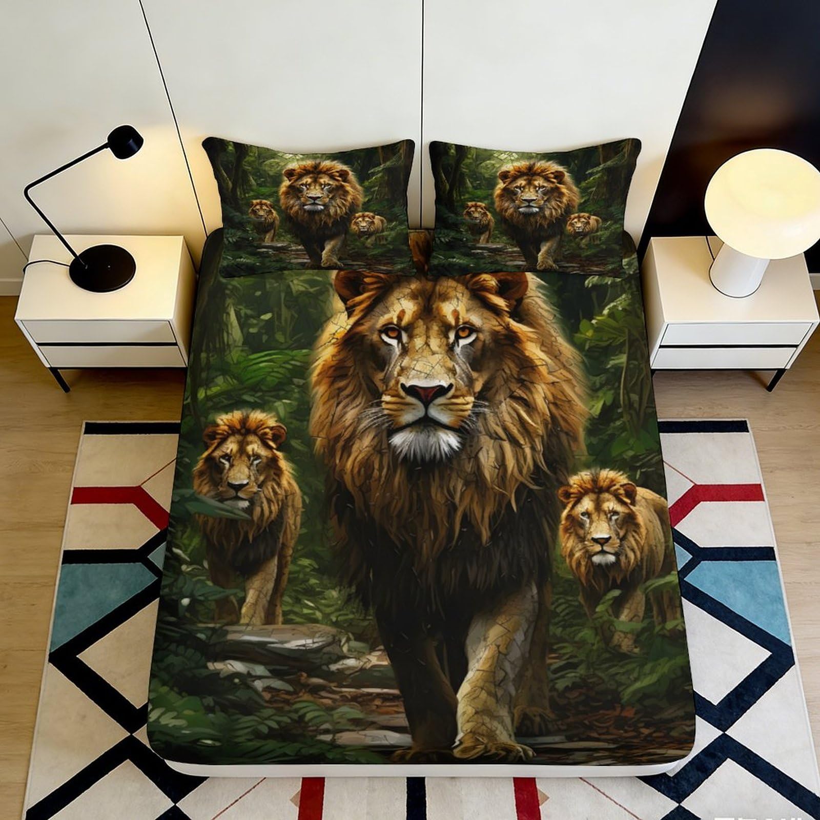 3D Printed Majestic Lion Fitted Sheet Microfiber Soft Anti-Slip Forest King Bed Cover for Bedroom Guest Room Decor 90x200x25cm