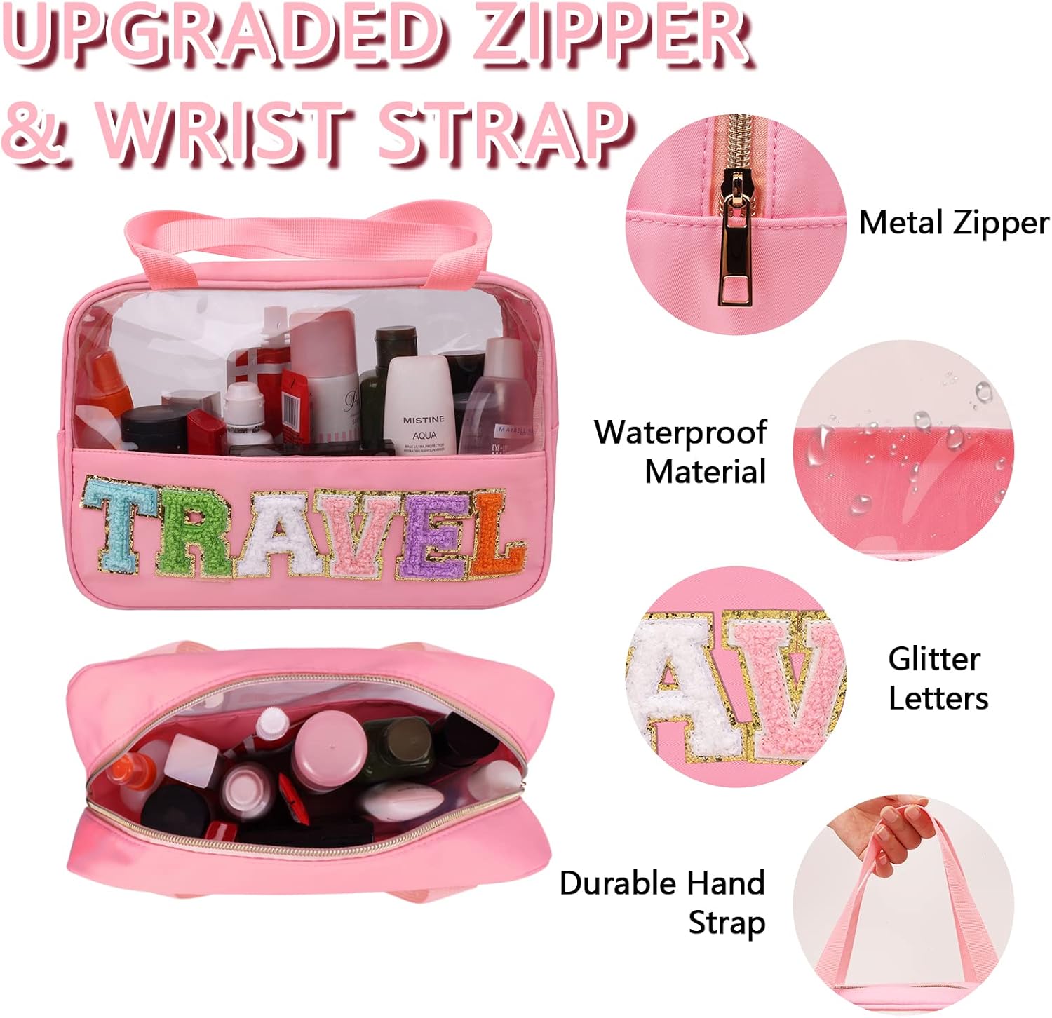 Chenille Letter Patch Travel Bag, Preppy Clear Makeup Cosmetic Bag Large Toiletry Storage Tote Bag with Handle, Transparent Nylon Waterproof Organizer Zipper Pouch for Travel Women Girls(Pink) - Image 3