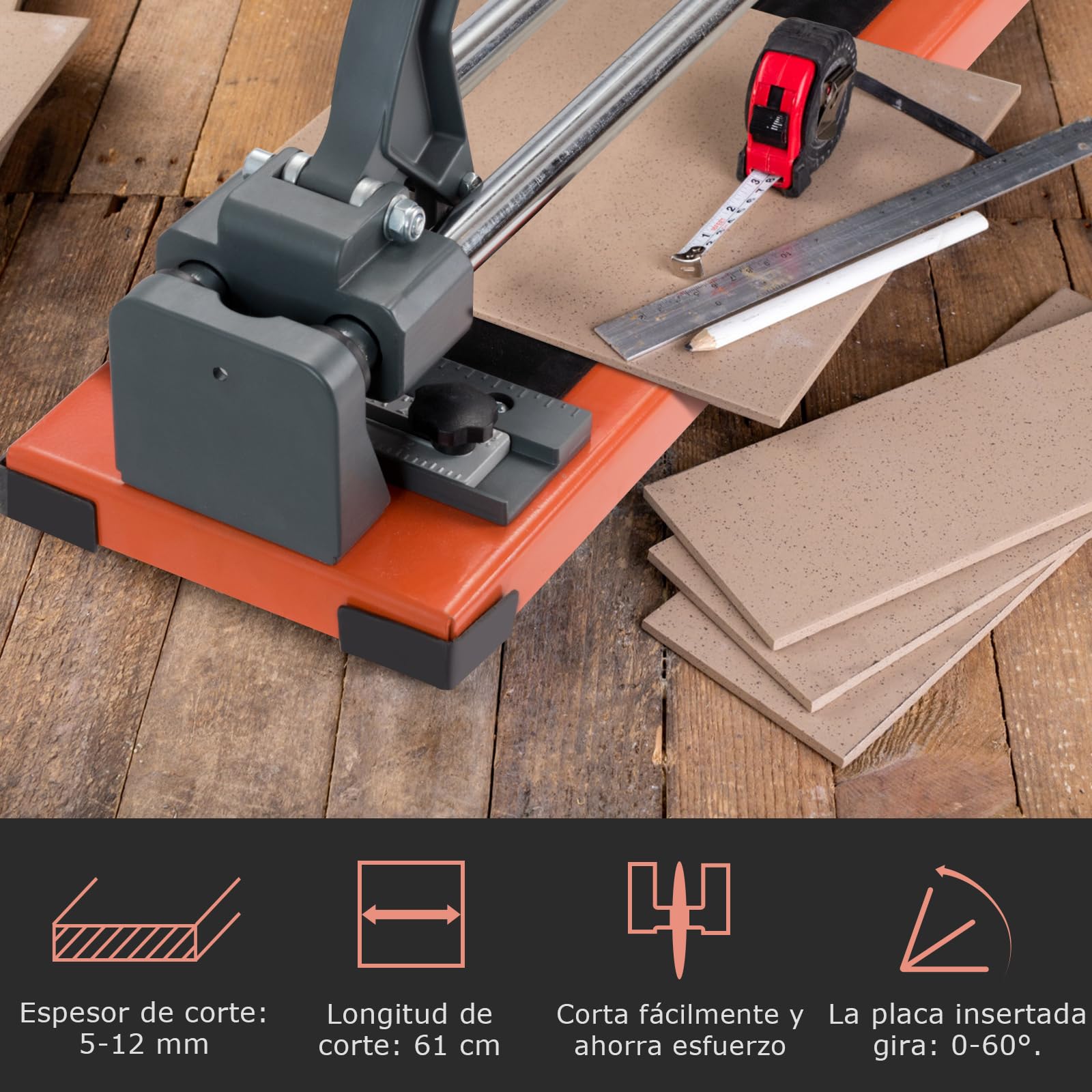 GOPLUS Cortador de Azulejos Manual con Esfera de Aleación Extraíble y Pies de Apoyo, Longitud de Corte 600 MM, Espesor Máximo de Corte 12 MM, Ángulo de Corte 0-60° para Profesionales (24")