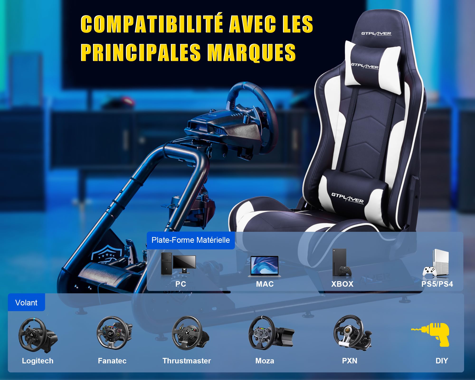 GTPLAYER Simulateur de Conduite, Siège de Simulation pour PC avec Haut-Parleurs, Support pour Volant et Pédalier,Blanc