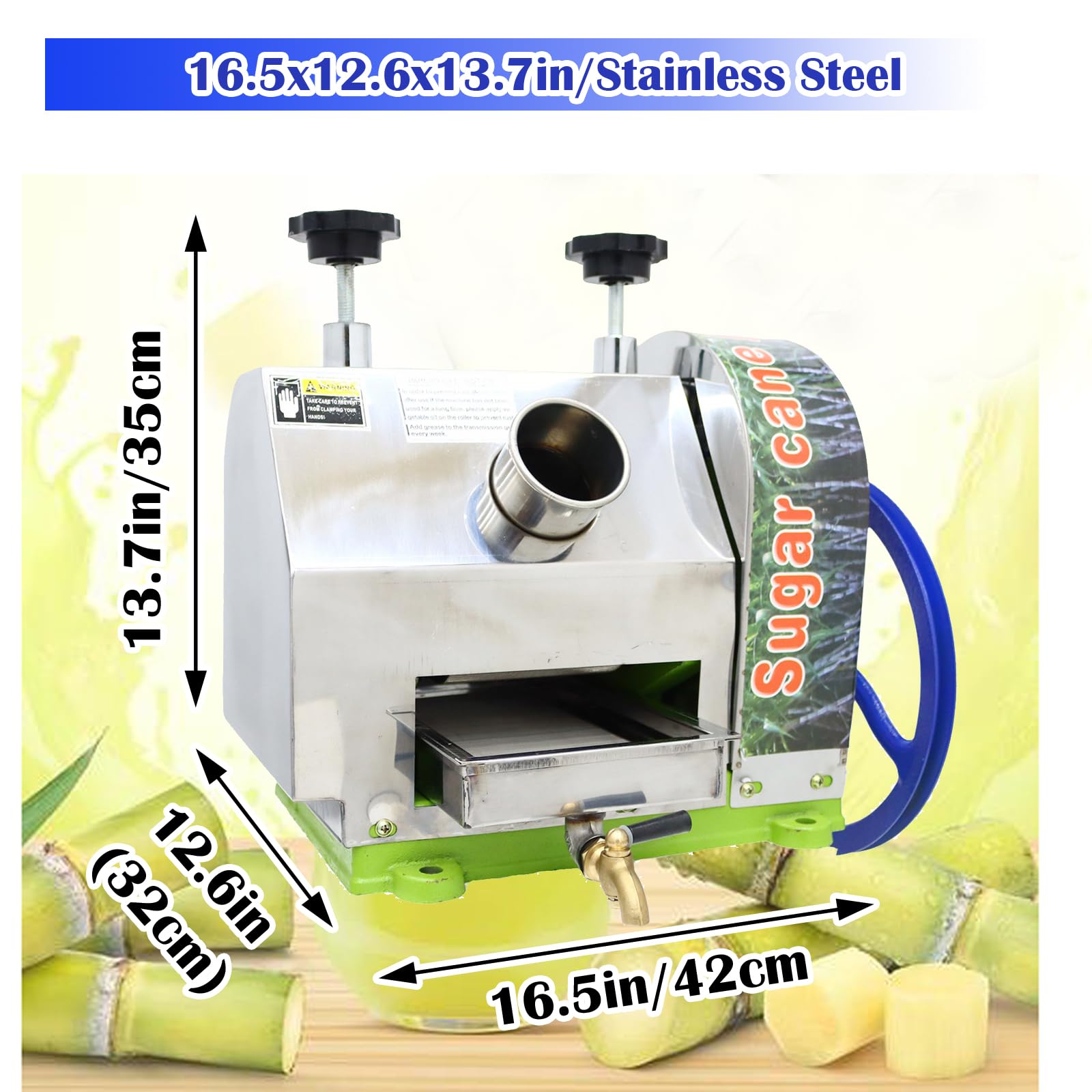 INTBUYING Manual Sugarcane Juicer, Sugarcane Press Machine, 3 Rollers Sugar Cane Juice Extractor with Stainless Steel Filter, 2 Paring Knives & Handwheel for Home/Street Stall Use 330LBS/H Output
