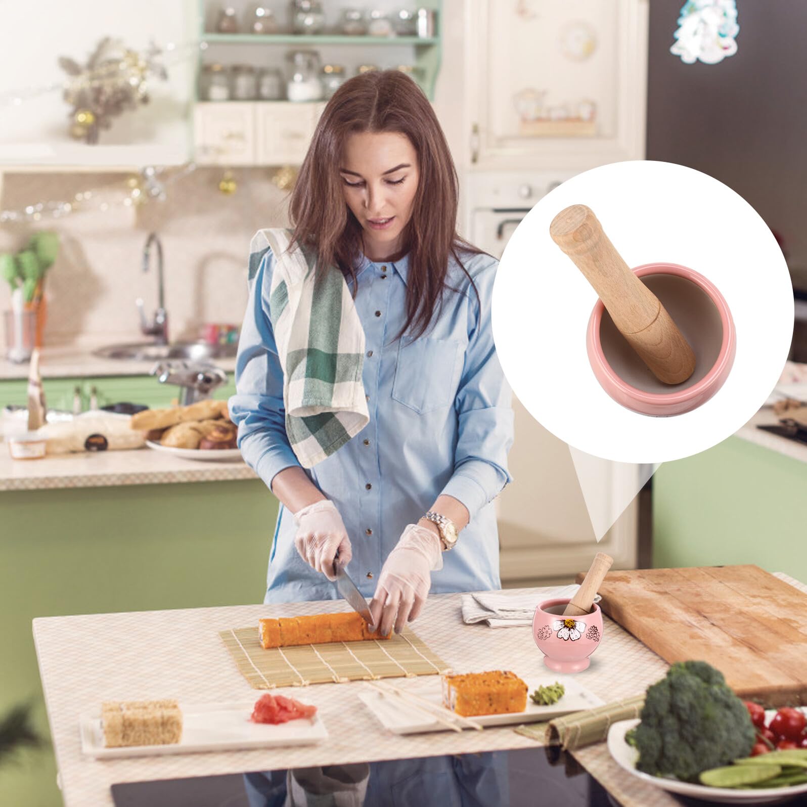 Keramik Mörser mit Stampfer 1 Satz Rosa, Rund mit Holzgriff | Knoblauch und Gewürze, Ergonomische Form, Tragbar, Küchenutensil für Einfaches Zerkleinern Zufällige Farbe