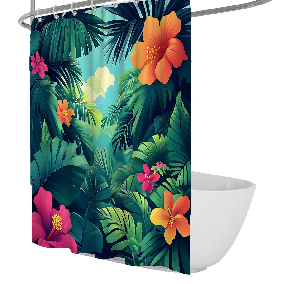 UIRINGART Tropical Hibiscus Flower Shower Curtain W90xL180cm Jungle Botanical Polyester Washable Bathroom Drapery Mildew Resistant Bath Screen with hooks