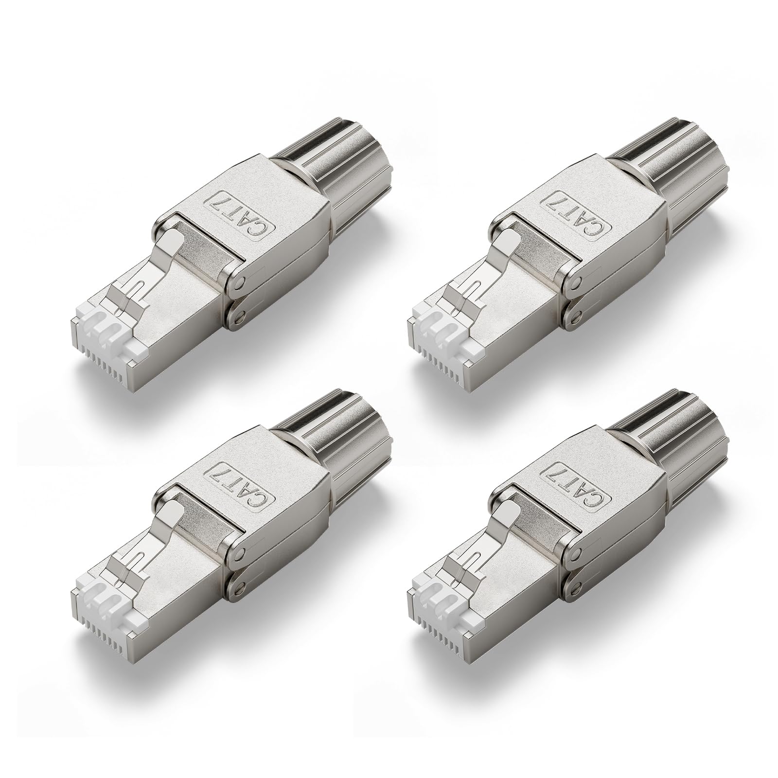 VCELINK RJ45 Stecker Cat7 werkzeuglos, geschirmt, PoE-kompatibel, Netzwerkstecker Cat7/Cat6a/Cat6, 10 Gbit/s 600 MHz, Metalllasche, geeignet für Heimnetzwerk & Büro, für 22–24 AWG Kabel, 4 Stück