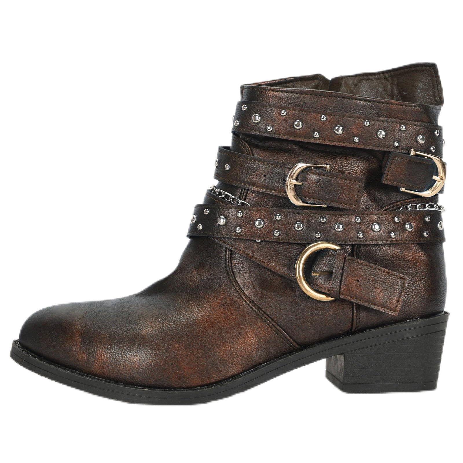 Womens Retro Cowboy Boots PU Leather Bandage Buckle Booties Fashion Pointed Toe Low Chunky Heels Western Boots