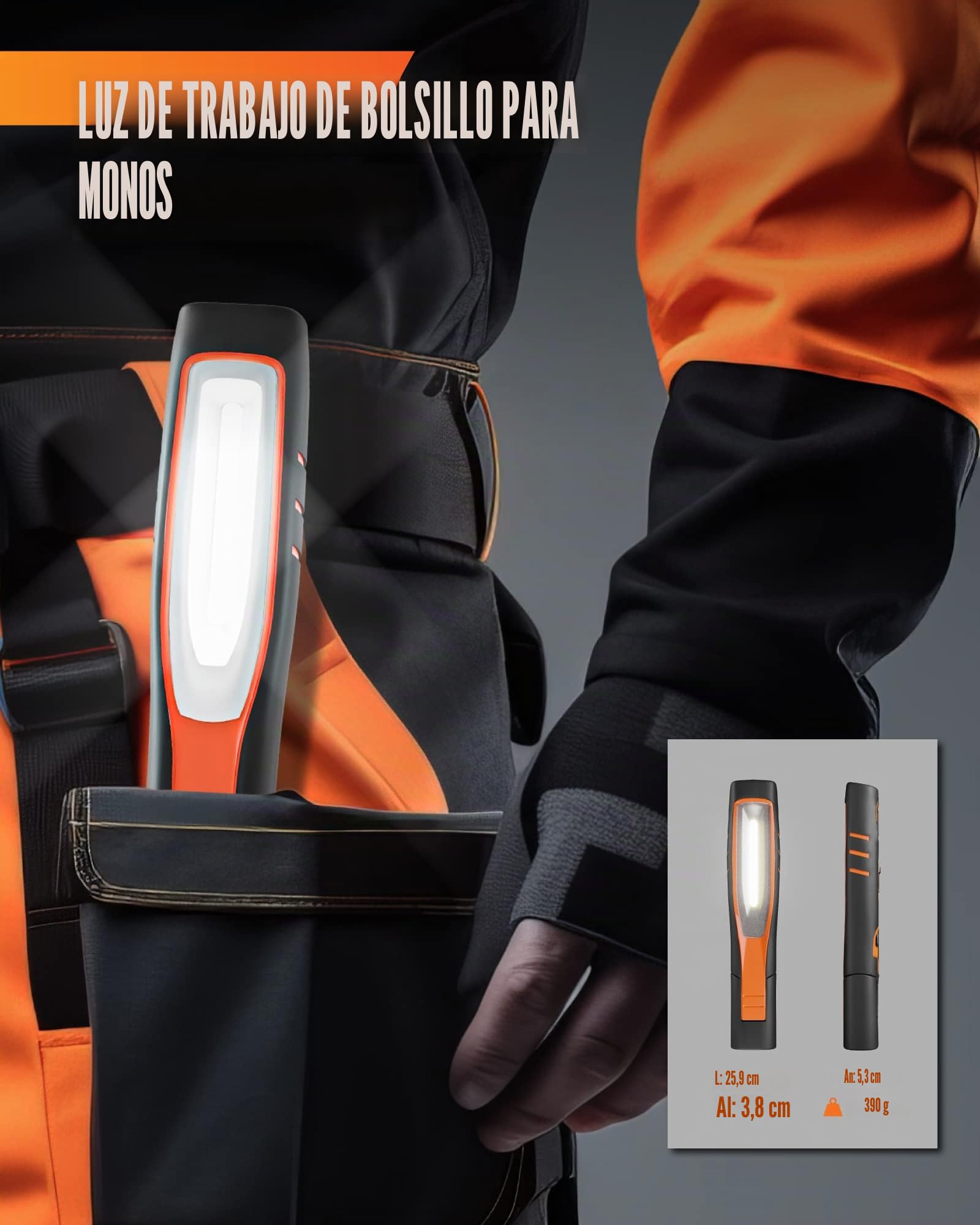 ENUOTEK Lámpara Linterna de Trabajo de Mano Taller | IP65, COB LED 7W, Recargable Portátil, Batería de Litio 2600mAh, Imanes Potentes y Dos Ganchos
