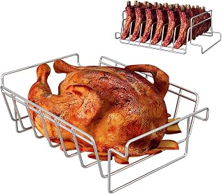 Turkey Roasting Rack, Stainless Multi-use BBQ Rib Rack for Smoking and Grilling, Stable Turkey Racks for Roasting Pan, Ideal for Large Green Egg, Kamado Joe, Primo, Vision, 18 inches and bigger grill