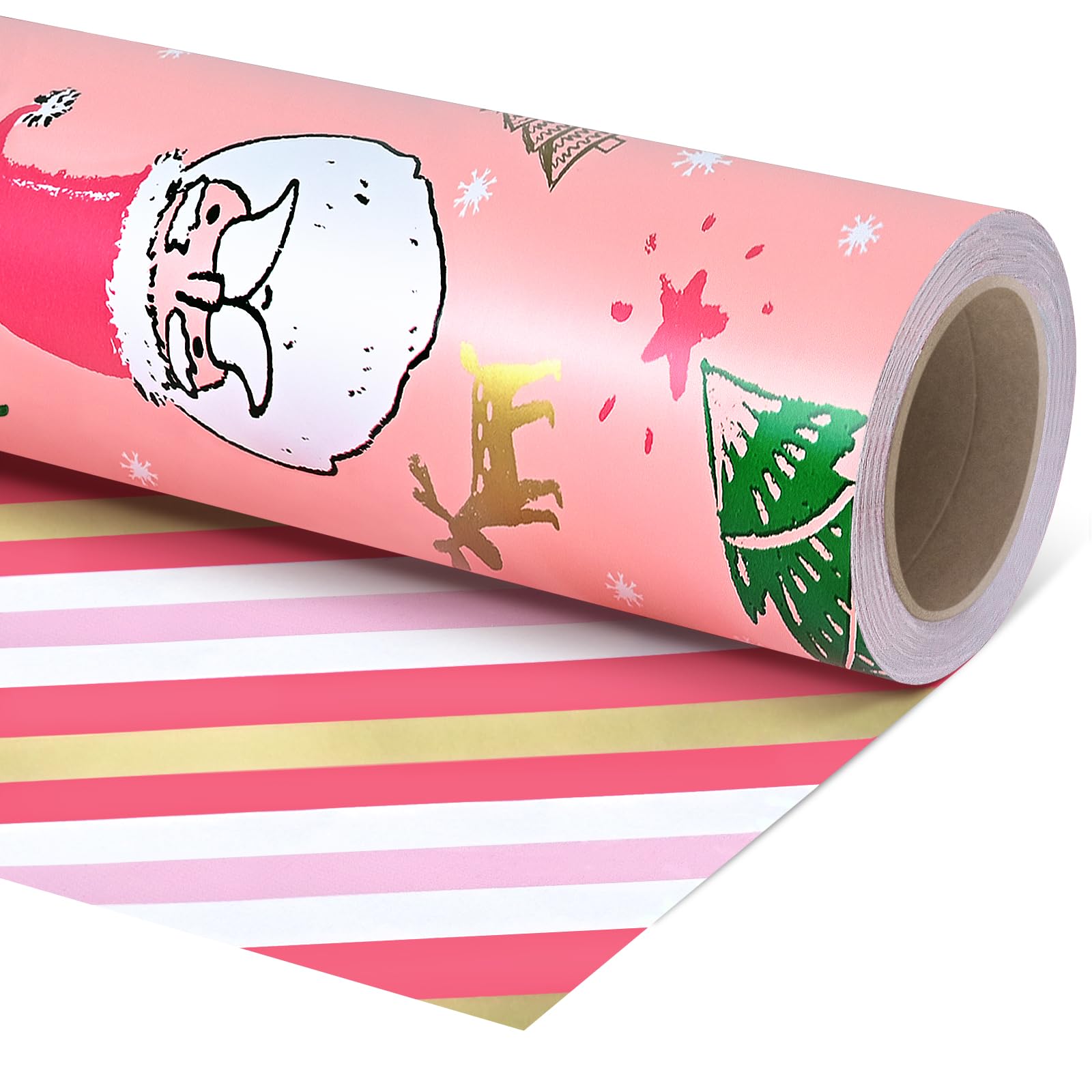 Pink Christmas Wrapping Paper Roll, 43cm*10m Kraft Recyclable Brown Gift Wrap Paper With Snowflake Gingerbreadman for Xmas Party New Year Gifts, ECO-friendly Present Decorations