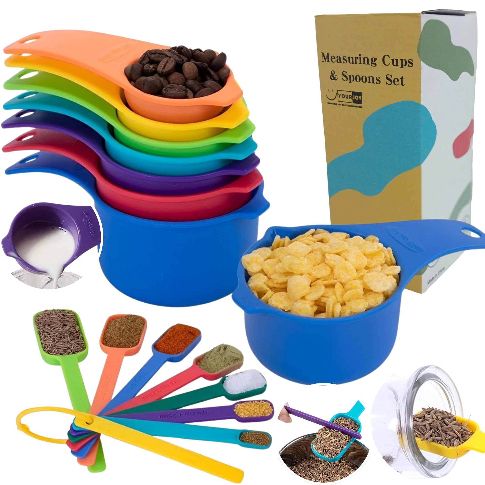 Your Joy 15 Pieces Colorful Plastic Measuring Cups and Spoons Set for Accurate Dry & Liquid Ingredients Measurements, Ideal Kitchen Set for Baking & Cooking – Premium, Durable, Easy-to-Use Set