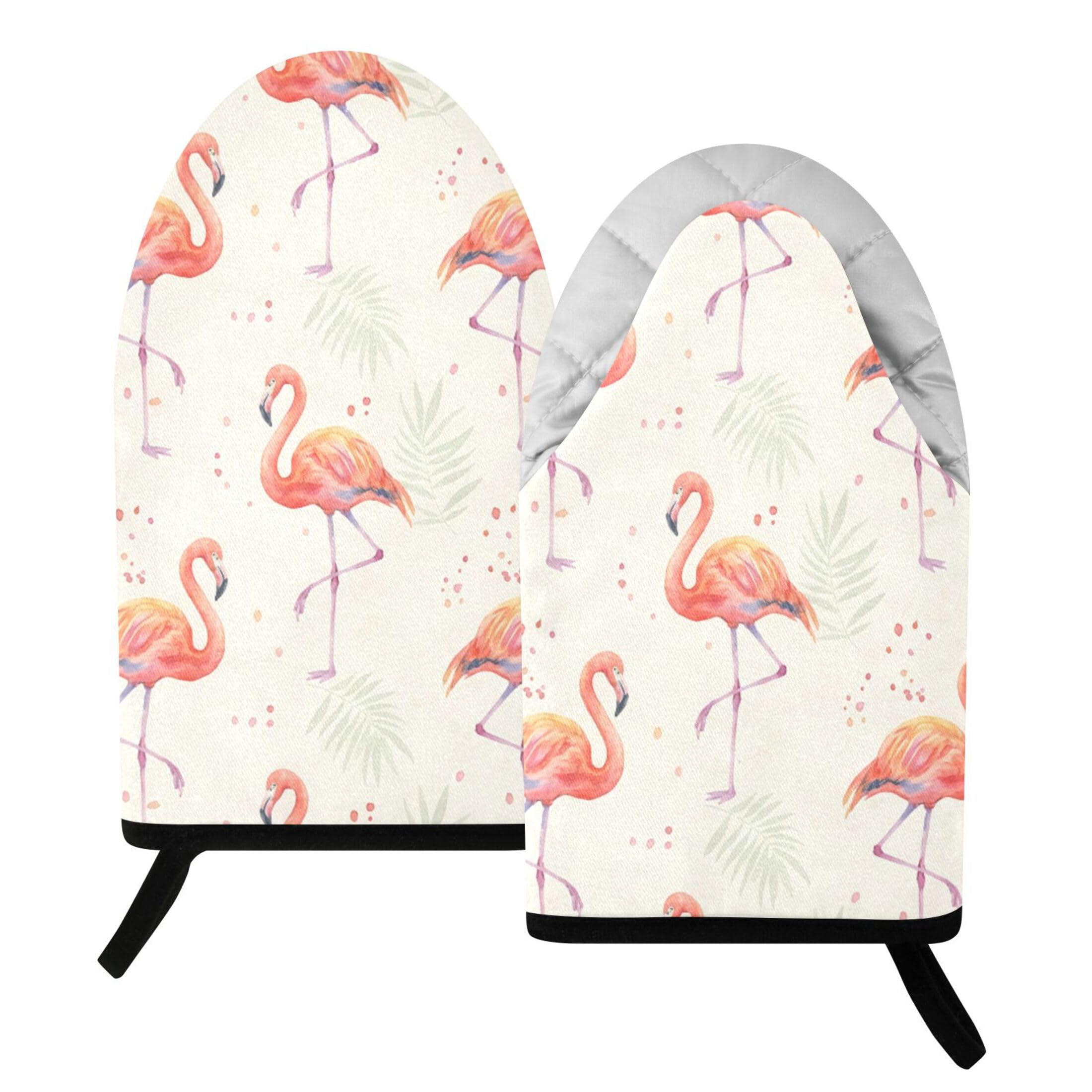Fuauuyl Oven Mitts Heat Resistant Kitchen Gloves, Flamingo Leave Classic Oven Gloves with Hanging Loop for Baking BBQ Cooking Grilling, 1 Pair, 9.5 in