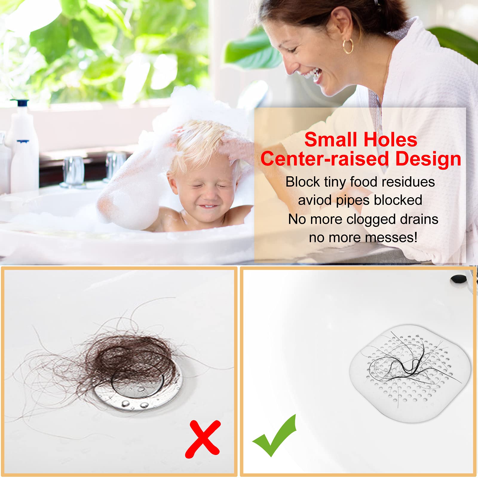Colector de drenaje de cabello, cubierta de drenaje cuadrada para ducha, tapón de silicona con ventosa, fácil de instalar, traje para baño, bañera, cocina, paquete de 2 unidades (blanco) 3