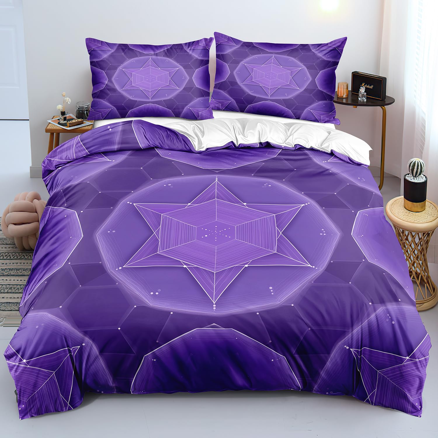 Housse de couette romantique 240x220 violette et parure de lit à motif abstrait géométrique