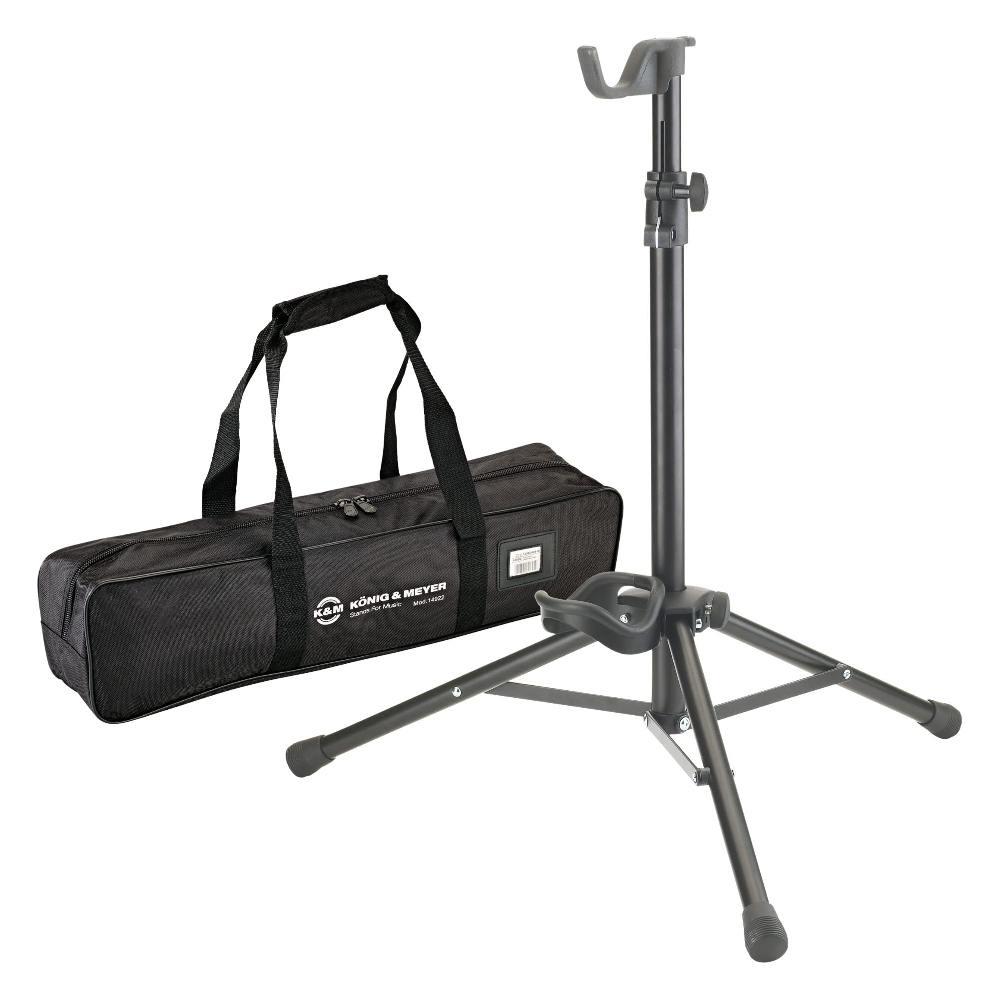 K&M 14920 Tenorhornständer Set (einteiliger Ständer für Tenorhorn aus Stahl mit integriertem Mundstückhalter & passender Tragetasche aus wasserabweisendem, reißfestem Nylon) Schwarz