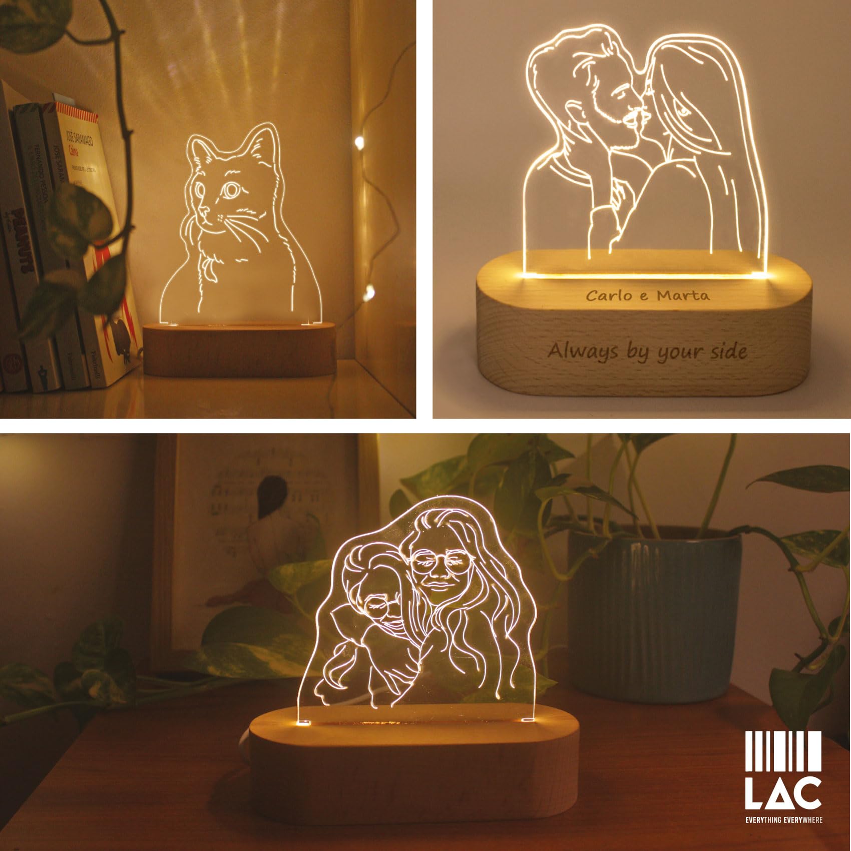 LAC Lampada Personalizzata con Foto 3D - Lampada da Personalizzare Incisa su Plexiglass e Base in Legno | Cornice con foto Personalizzata, Regalo Personalizzato per Coppia, Famiglia o Amici