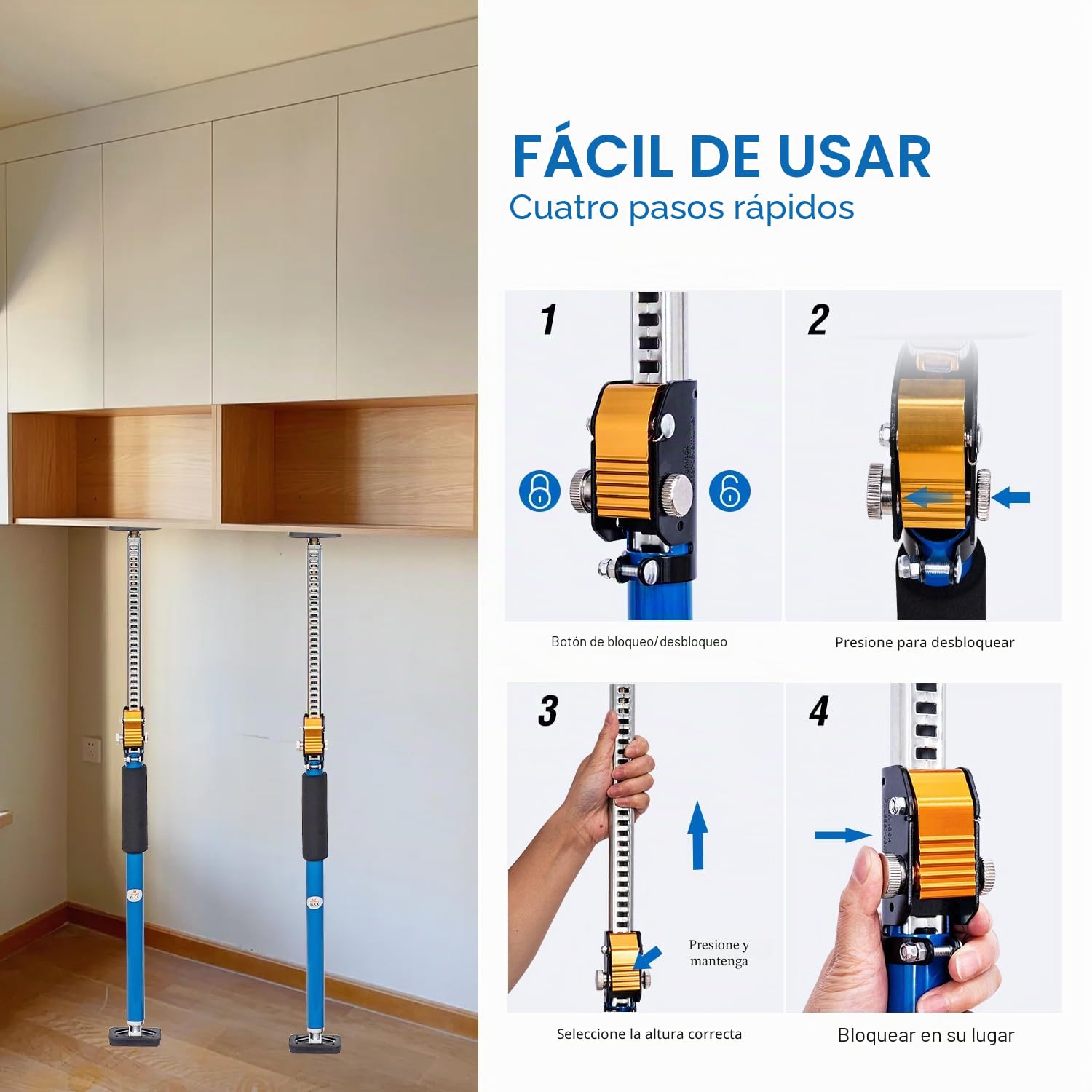 TOPWAY Pack 2 puntales telescópicos para placa de yeso 600‑1000 mm – soporte de techo ajustable rápido de acero para encimeras, marcos de puertas – carga hasta 60 kg