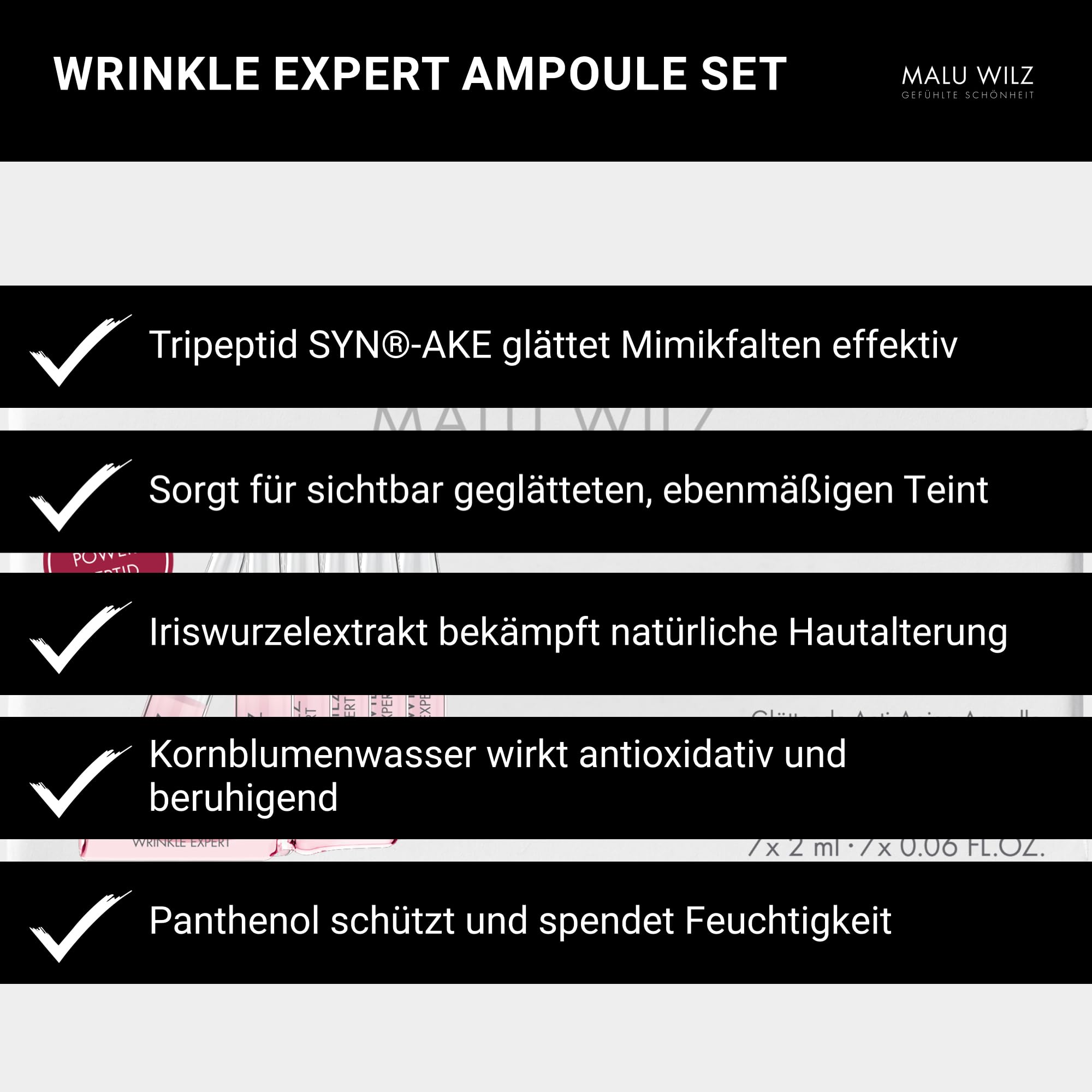 Malu Wilz Wrinkle Expert Ampoule Set 7x2ml, vegan - Ampullen Gesicht Pflegeformel gegen Fältchen & Linien - Anti Falten Gesichtspflege für glatte, straffe Haut
