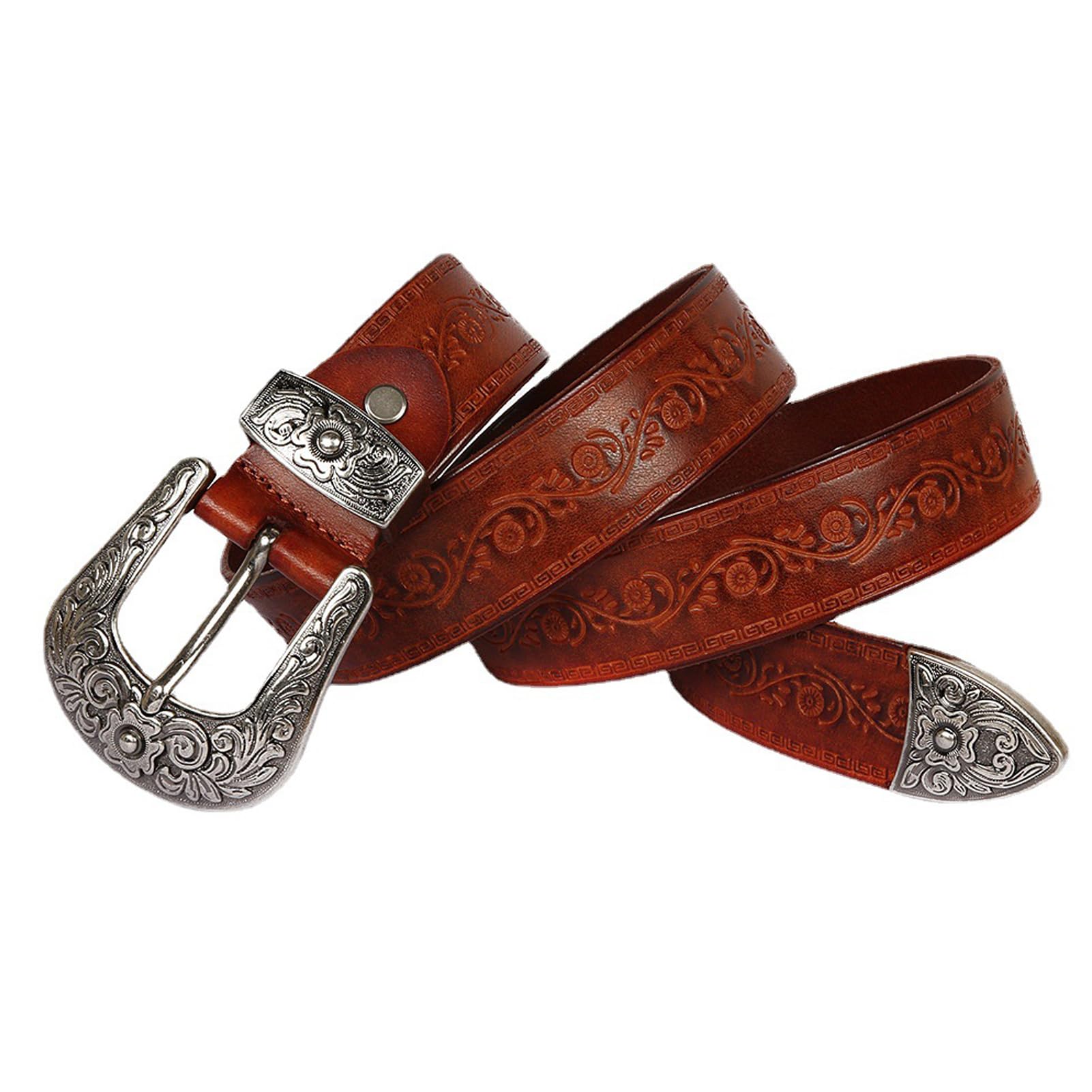 pasek, Bardzo długie paski westernowe dla kobiet i mężczyzn, kowbojskie, kowbojki, kwiaty, grawerowane, skóra naturalna, szerokość 35 mm(Bruin,105cm/waist:34"~36")