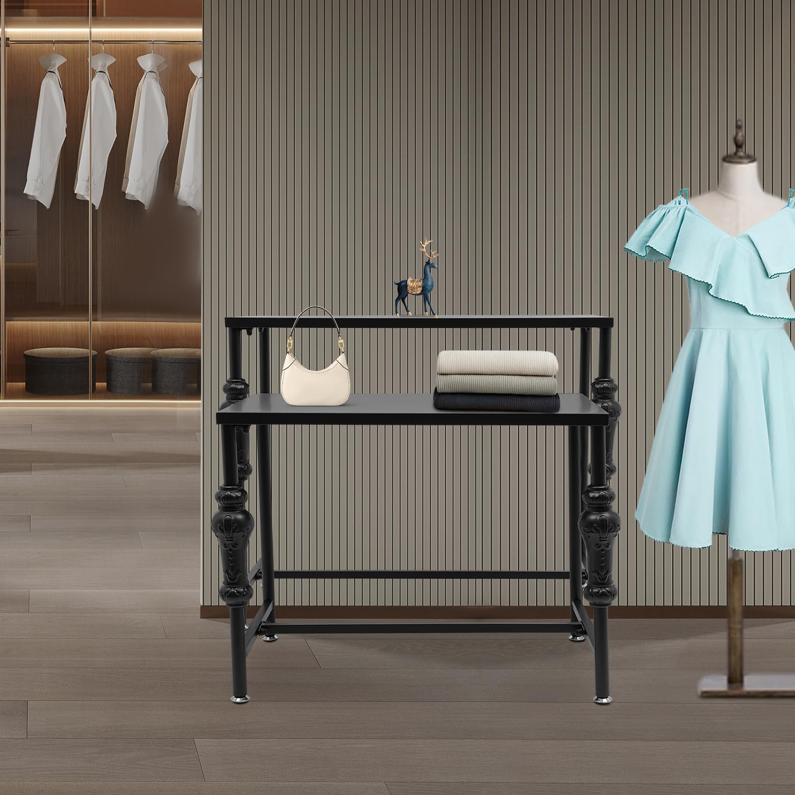 Eleeferri Retail Display Tables Set of 2, Freestanding Handbags Shoes Display Rack Boutique Display Riser, Retro Unit Storage Shelves, Garment/Handbag Display Stand (Black)