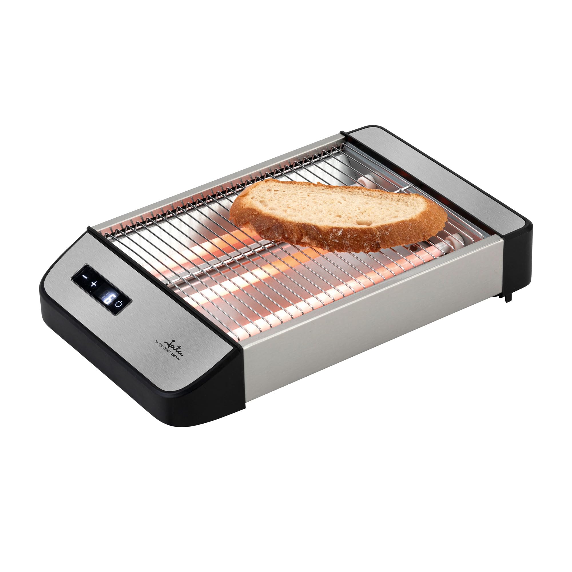JATA JETT1590 - Tostadora Horizontal Digital, Tostador de Pan 1000W con Control Táctil, 6 Niveles de Tostado, Barras de Cuarzo, Bandeja Recogemigas Extraíble, Ideal para Pan, Bollería y Repostería