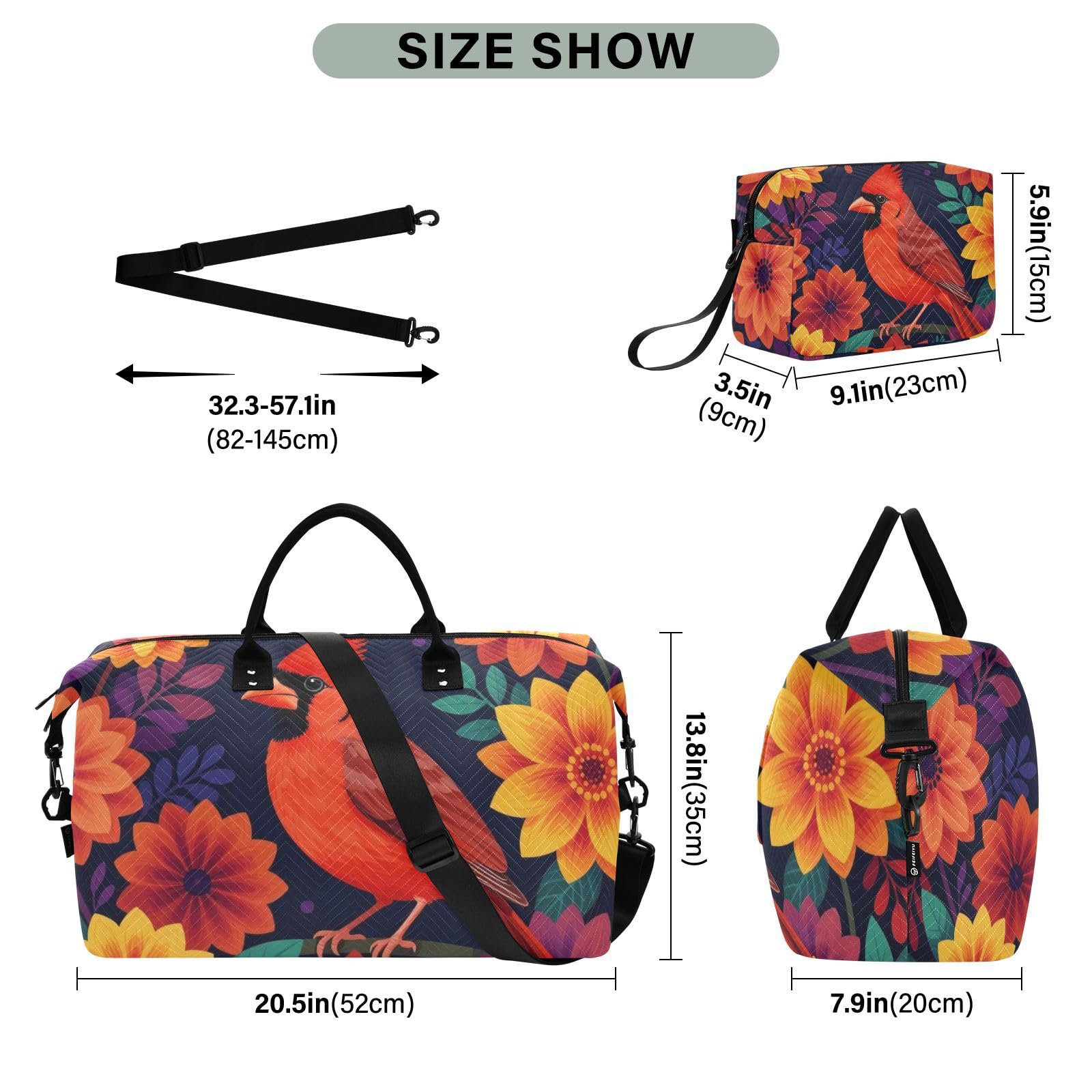 Reisetaschen-Set, zweiteilig, gesteppt, mehrere Taschen, stilvoll, kurze Reise, Floral Redbird, One Size, Klassisch