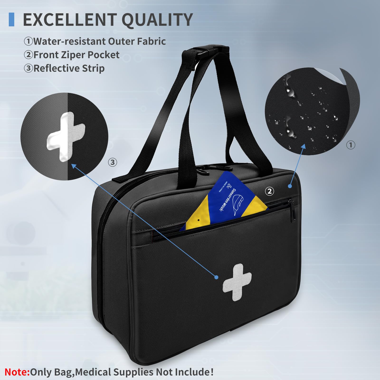 Bolsa de primeros auxilios de emergencia, organizador de suministros médicos compacto y portátil con múltiples compartimentos, ideal para viajes, camping, senderismo y uso doméstico (negro)