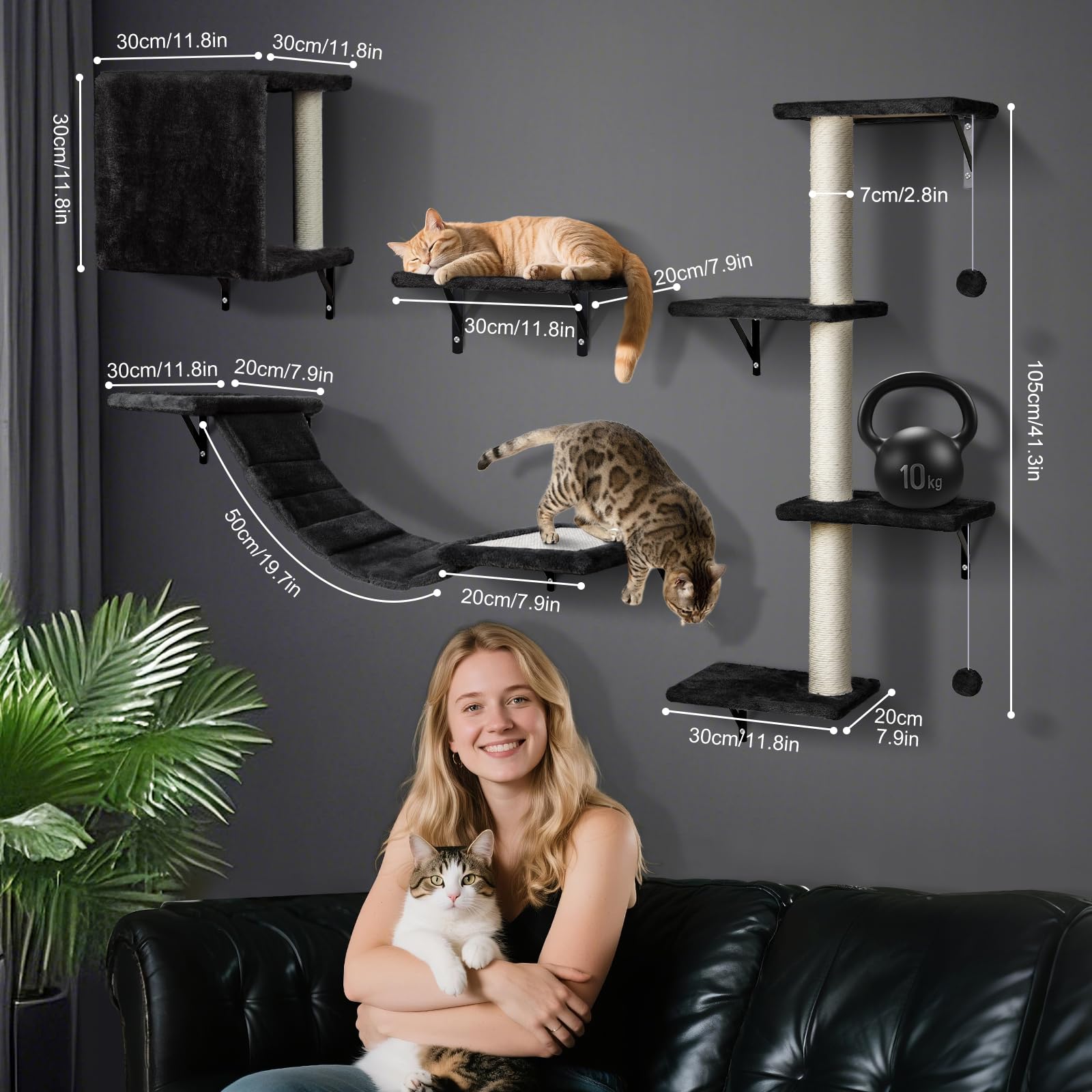 Zvonema Kletterwand Katzen, Katzen Wandelemente 10-teilig, Stabiler Holz Katzenwand, Bequem Plüsch Katzenmöbel, Kratzbaum Wand mit Katzenhaus, Brücke, Treppe, Kratzbrett, Katzenliege & Hängeball