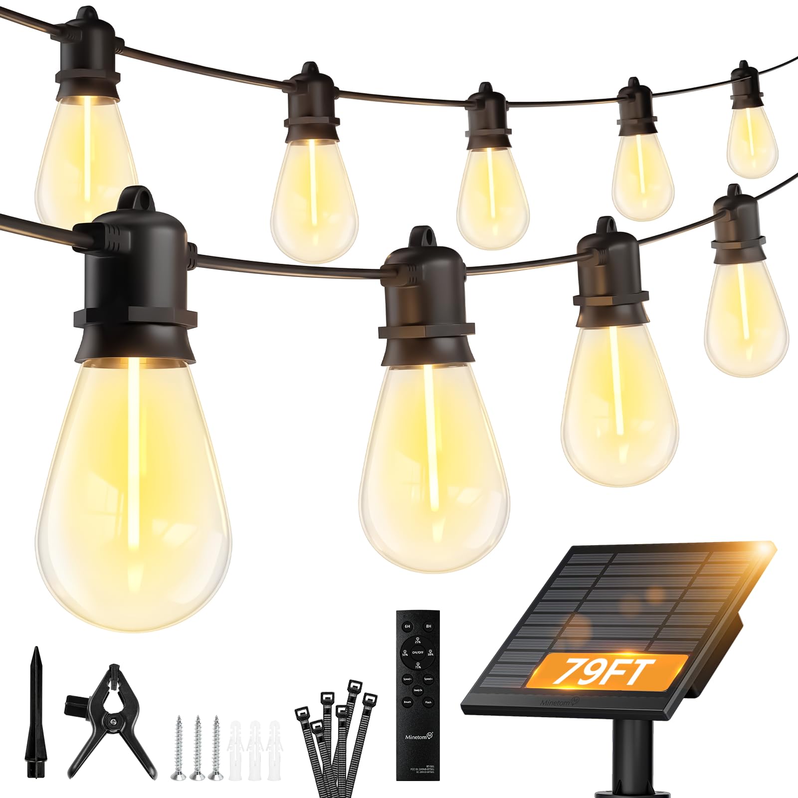 Minetom 79FT Solar String Lights Outdoor Waterproof, 24 LED S14 Shatterproof Bulb, Patio Lights with Remote Type-C Port Timable, 3 Light Modes Dimmable Solar String Lights for Outside, Yard, Camping