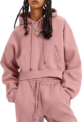 Flygo Womens Fleece 2 Piece Outfits Sweatsuit Crop Pullover Sweatshirt Joggers Pants Tracksuit Set