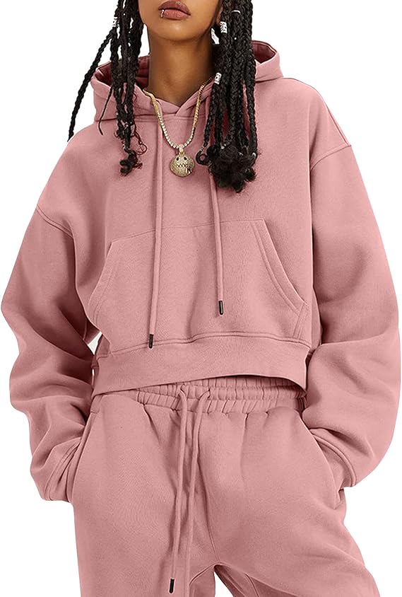 Flygo Womens Fleece 2 Piece Outfits Sweatsuit Crop Pullover Sweatshirt Joggers Pants Tracksuit Set