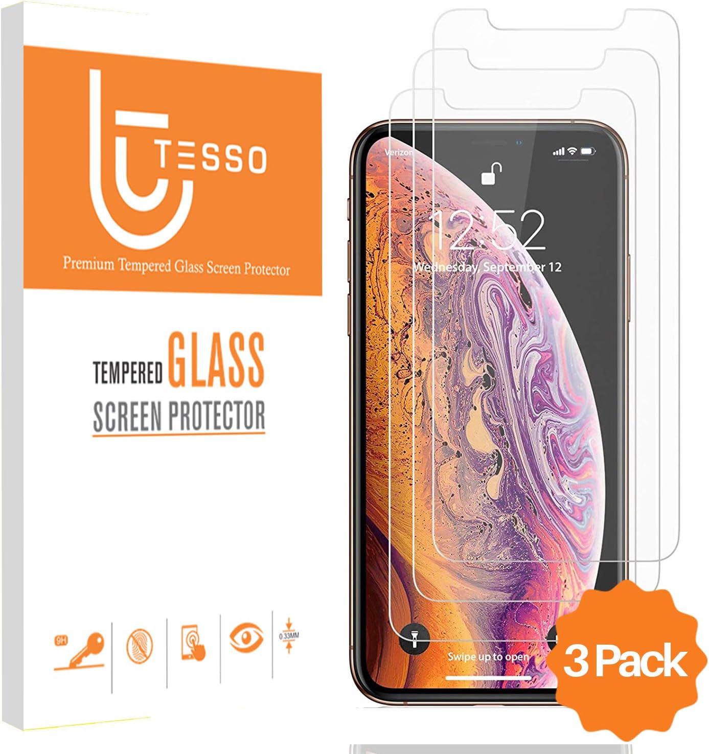 Tesso (3 Pack) Screen Protector Apple iPhone Xs Max 6.5 inch (0.33mm) iPhone Xs Max Tempered Glass Screen Protector [HD] 3D Touch Compatible Case Friendly Design (Installation Frame Included)