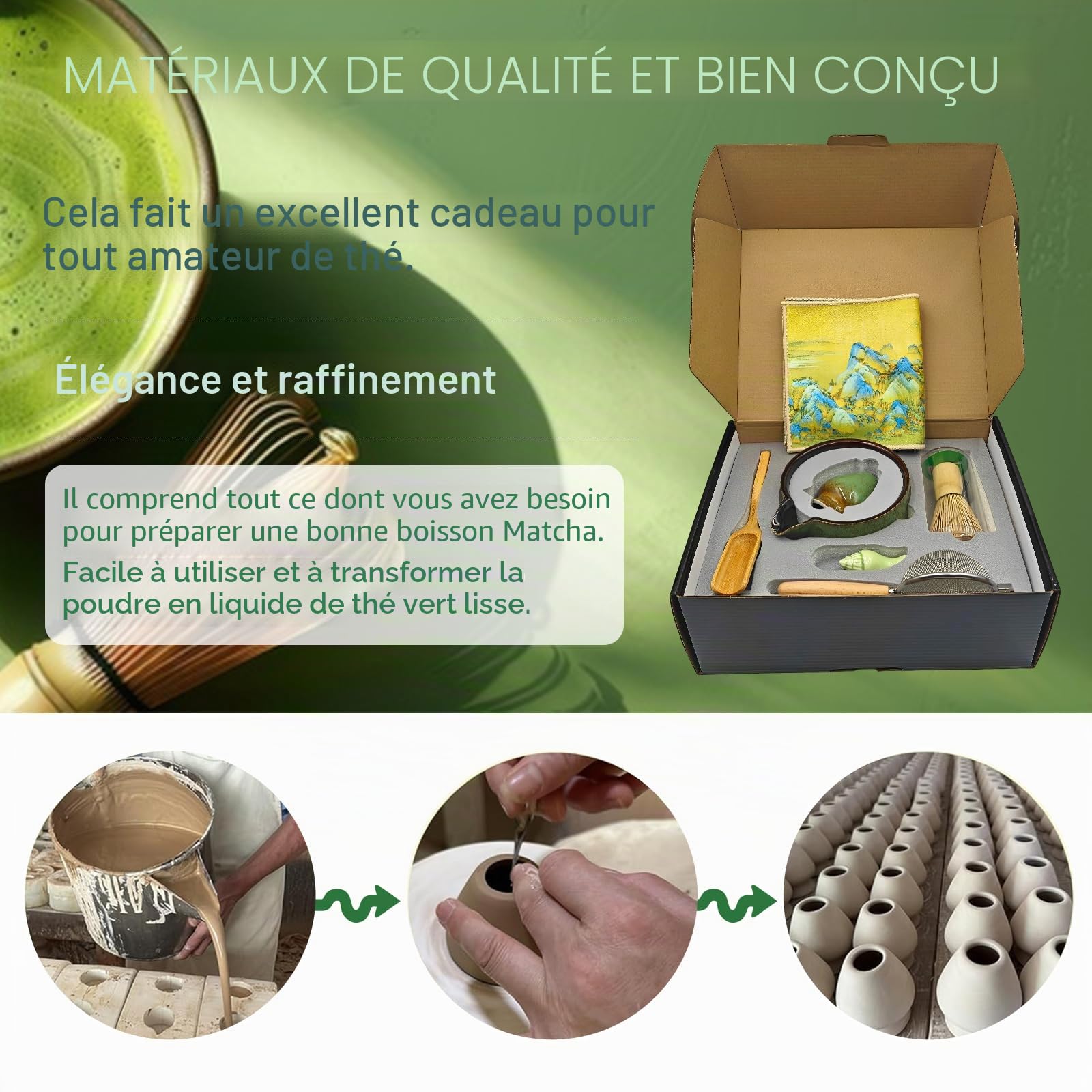Matcha kit Matcha Whisk Set Accessoire de cérémonie du Matcha Japonais 9 pièces Bol Matcha avec Bec Fouet au Matcha Ouillère à Thé Kit de Fabrication de Thé (Vert Magique kit)