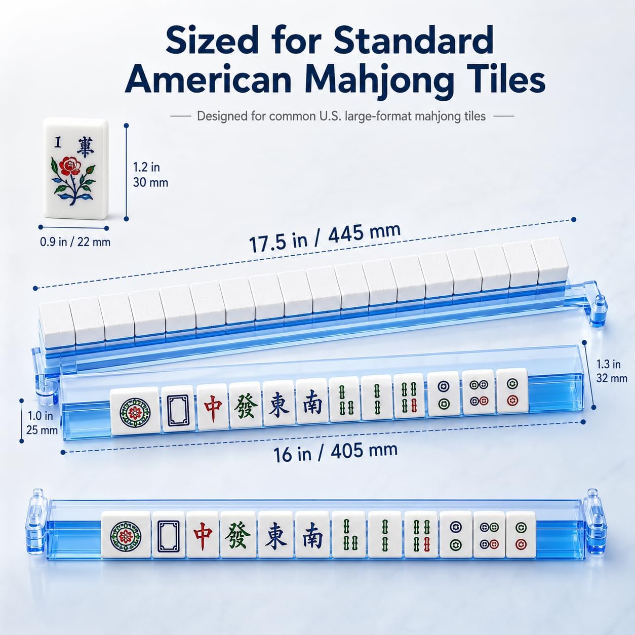 4 Colors Clear Acrylic Mahjong Racks with Pusher, Mahjong Tile Racks with Non-Slip Silicone Pads, Waterproof Rack, Storage Bag, Ideal Gift for Mahjong Lovers, Parties & Game Nights (17.5 in)