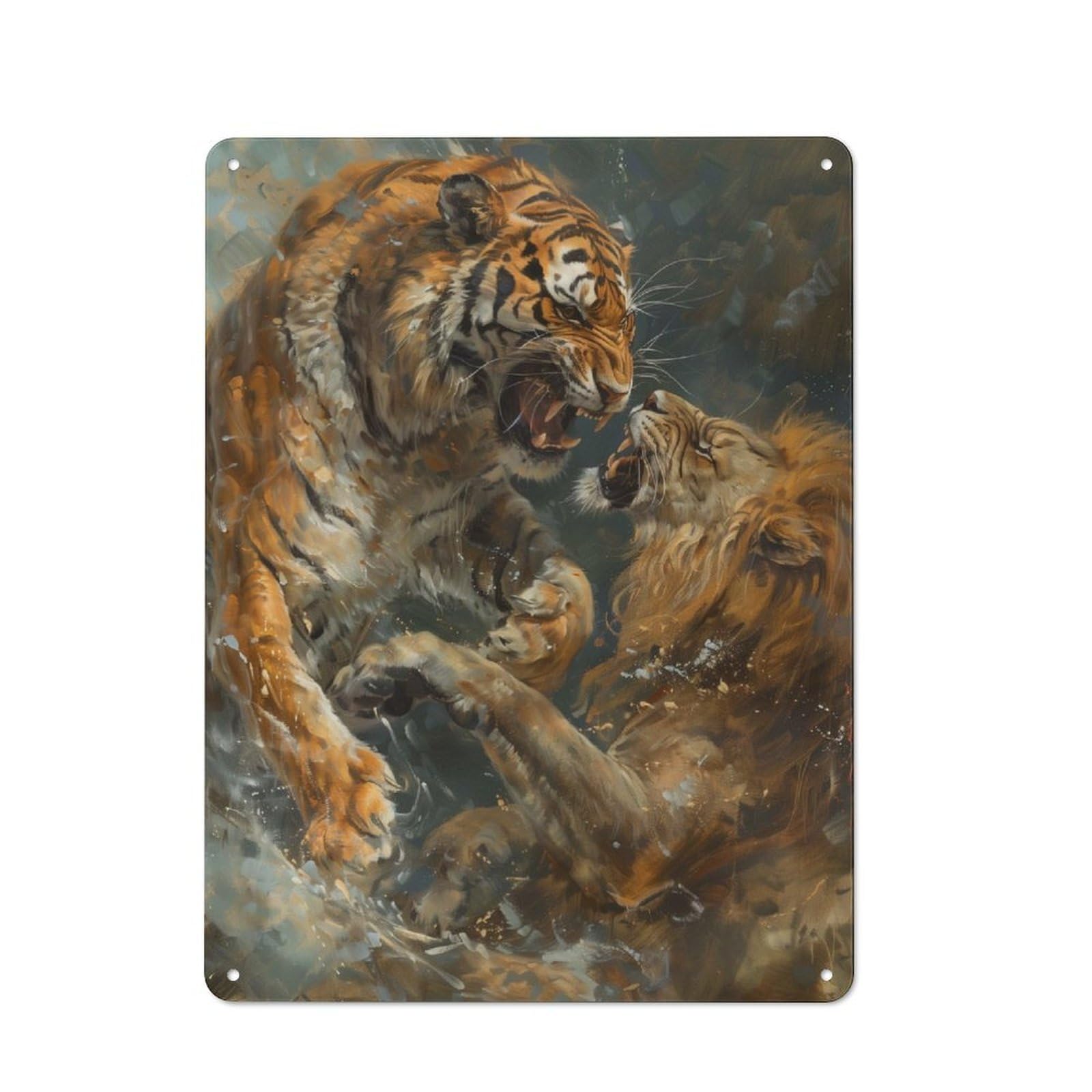 Junmoney Tiger Vs Lion Fighting Art Tin Sign 40X30cm With For Garage Wall, Retro-Style Decor, For Vintage Wall Decor Fans, For Metal Sign Collectors