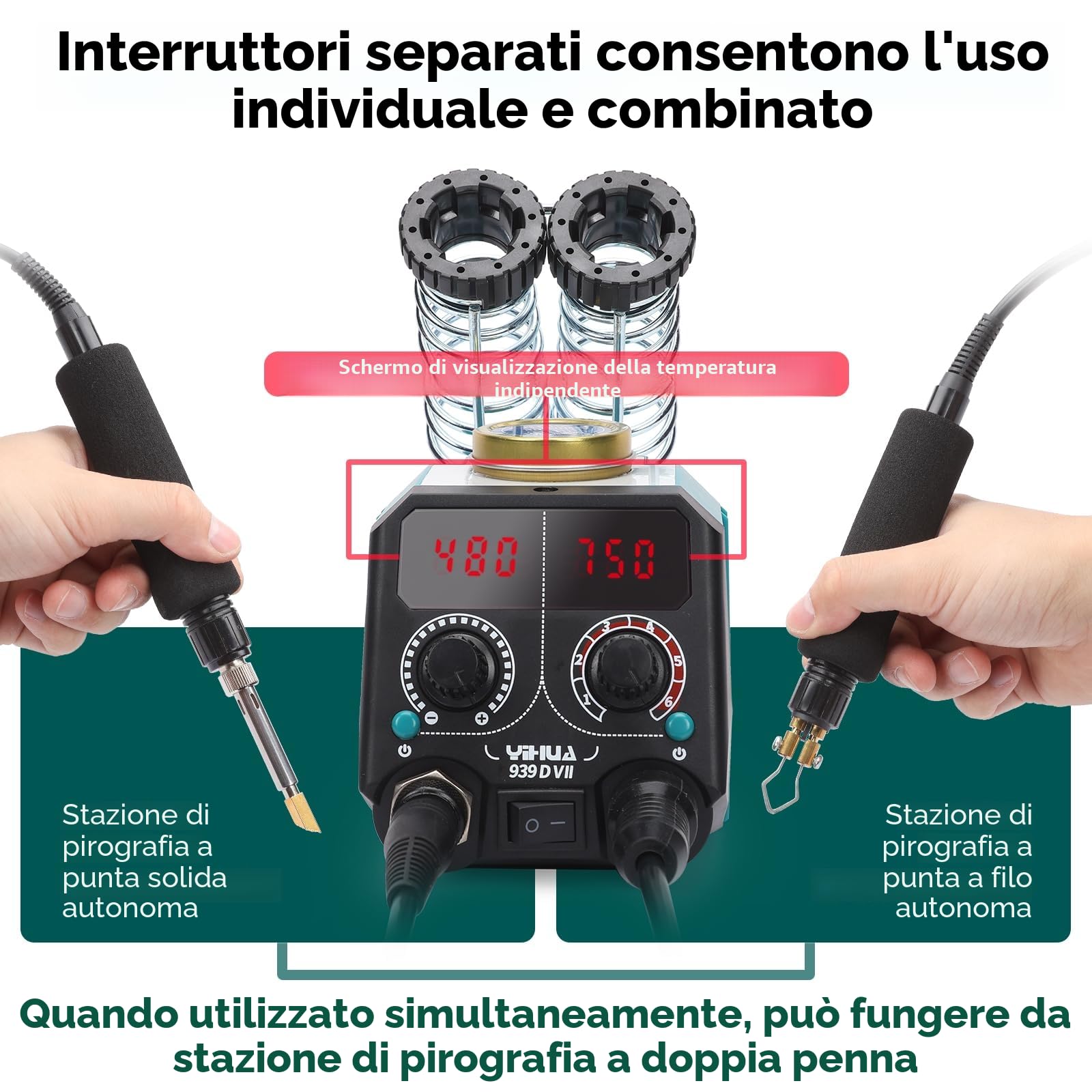 YIHUA 939D-VII pirografo professionale Kit per penna a bruciatura del legno Stazione 2-in-1 Solid-Point 200-480°C (con display di temperatura)/Wire-Nib 250-750°C con 23 punte, 25 punti solidi