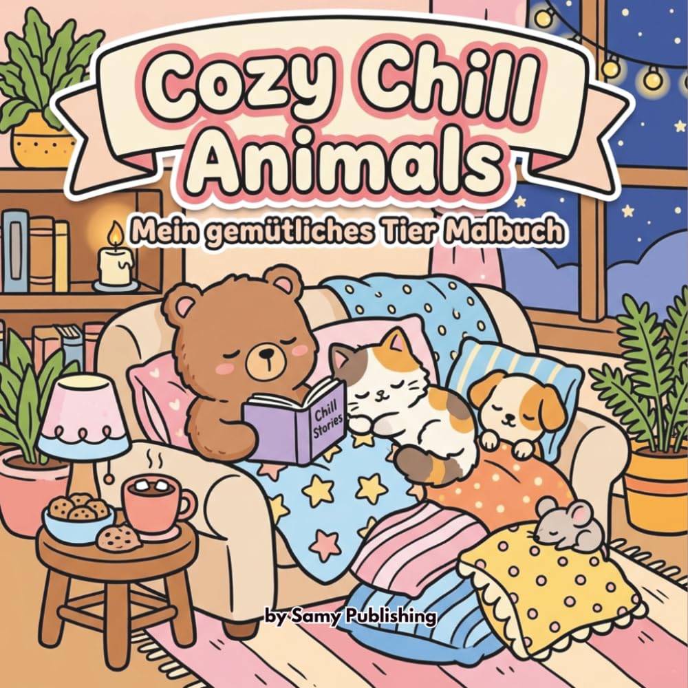 Cozy Chill Animals – Mein gemütliches Tier Malbuch: 40 detailreiche Ausmalbilder mit süßen Tieren in entspannten und kuscheligen Alltagsszenen zum Abschalten für Jugendliche und Erwachsene