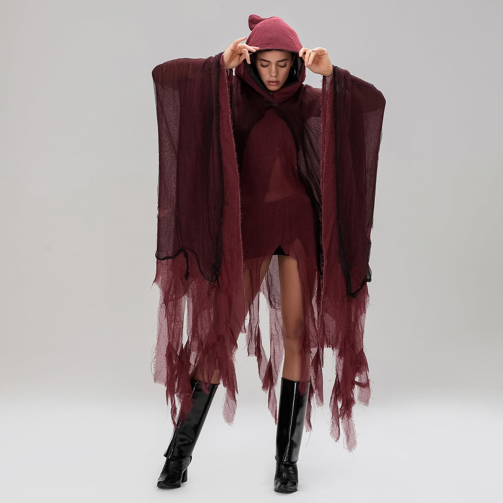 SANSIWU Women's Halloween Ripped Witch Cloak Adults Terrifying Reaper Ghost Cape Medieval Renaissance Scream Grim Cosplay Outfits (A-Red - Image 2