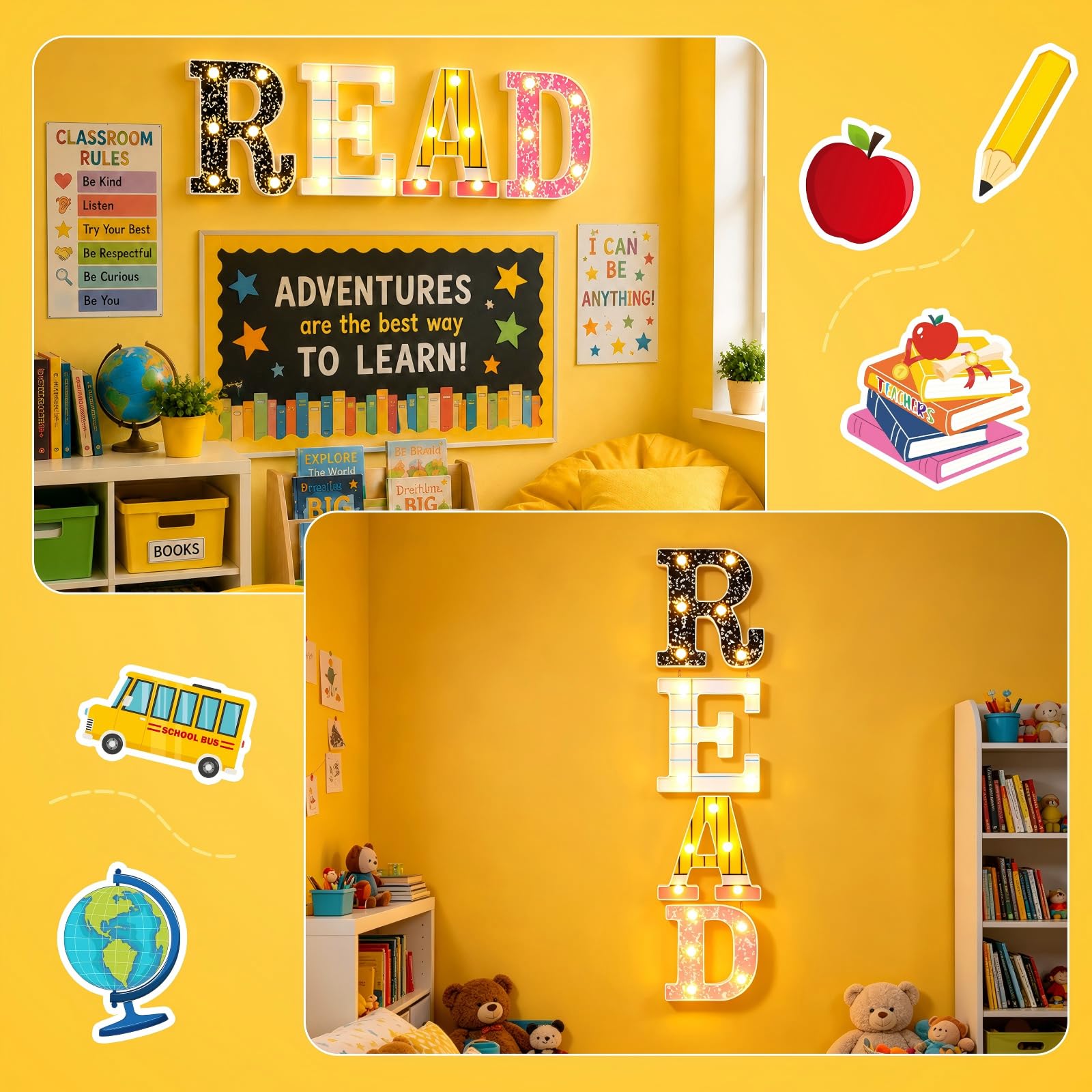 Yaomiao 4 decorazioni per angoli di lettura per aule letture marquee LED lettere segni composizione notebook matita lettere decorazione da parete biblioteca angolo decorazione per aule elementari