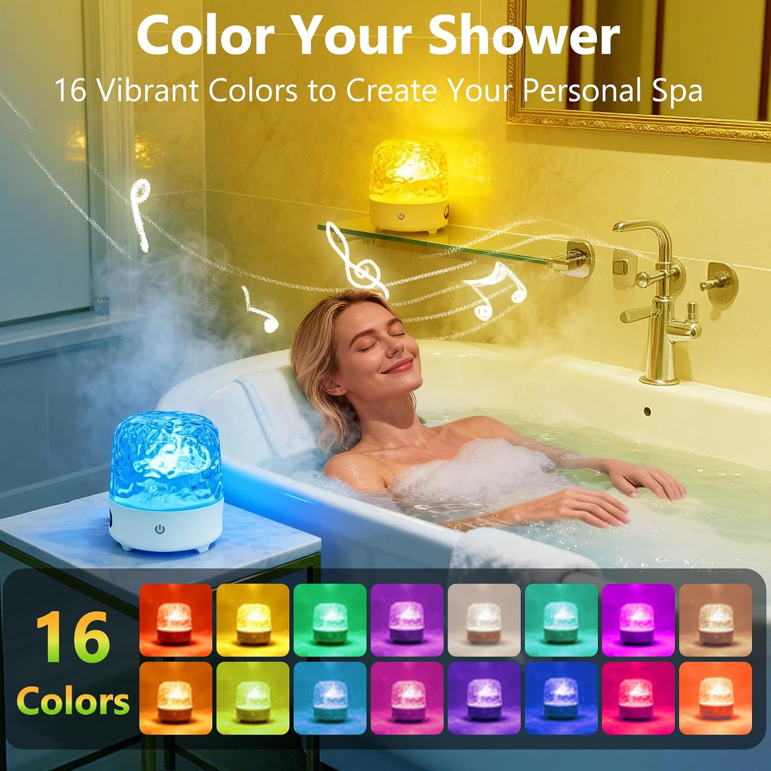 Spa-Like Shower Lamp with Bluetooth Speaker,Waterproof 16-Color Ocean Wave Projector Light, Rechargeable Bathroom Lamp with Touch&Remote Control,Cordless Light for Inside Shower/Bathtub