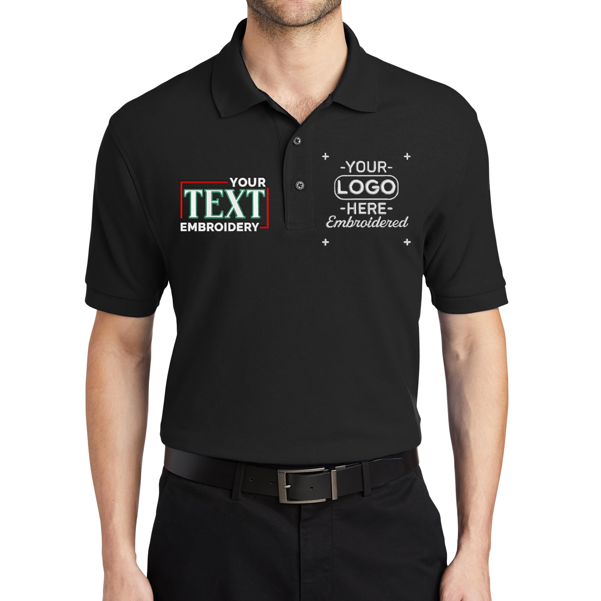 High-quality custom embroidered logo on black polo shirt showcasing embroidery services