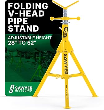 Sawyer Folding V Head Pipe Stand, Adjustable Welding Pipe Holder, Foldable | 28" To 52" Adjustable Height, Supports Pipes Up To 24", Heavy Duty Steel, 2500 Lbs Capacity, Threading, Grooving And Cutting