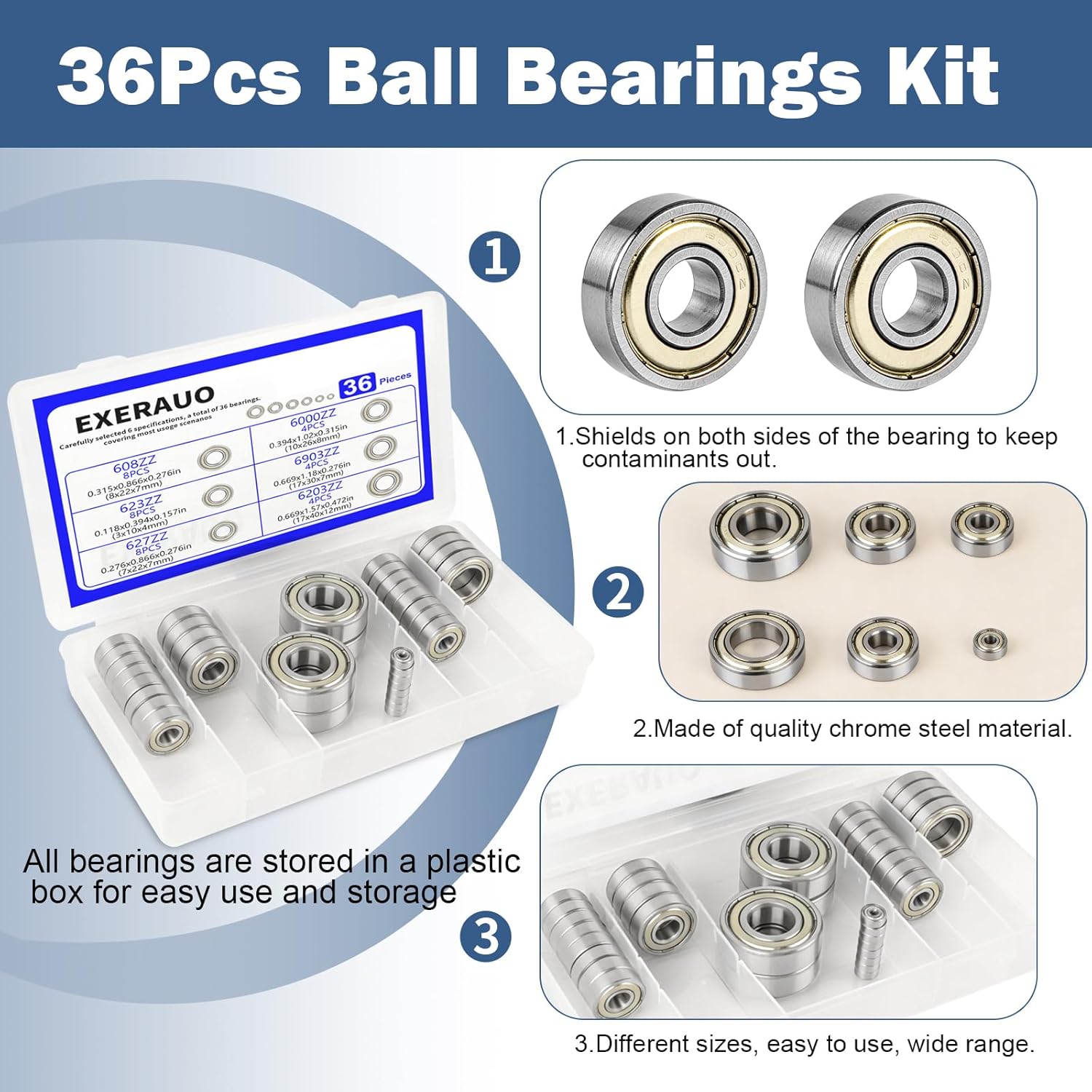 36Pcs Ball Bearings Kit-608ZZ 623ZZ 627ZZ 6000ZZ 6903ZZ 6203ZZ, Bearing Steel, Double Metal Shielded Deep Groove Bearings for 3D Printer, Skateboards