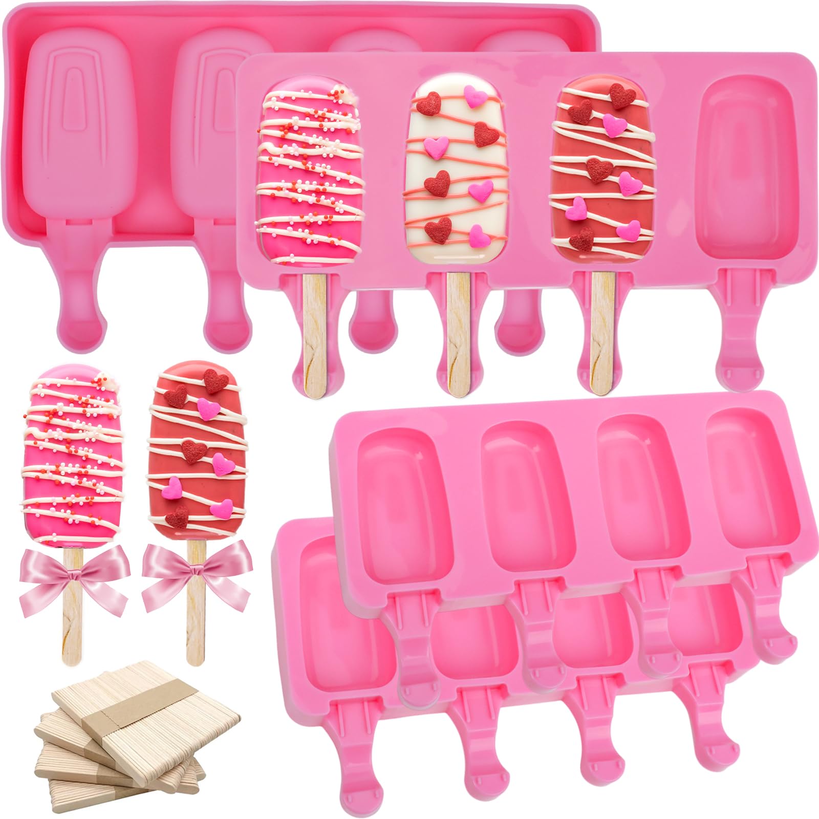 4 Pack Silicone Popsicle Molds with 200 Sticks, Reusable 4 Cavities Homemade Cake Pop & Cakesicle Mold for DIY Ice Cream, Ice Pop, Easy Release & Dishwasher Safe for Kids Family (Pink)