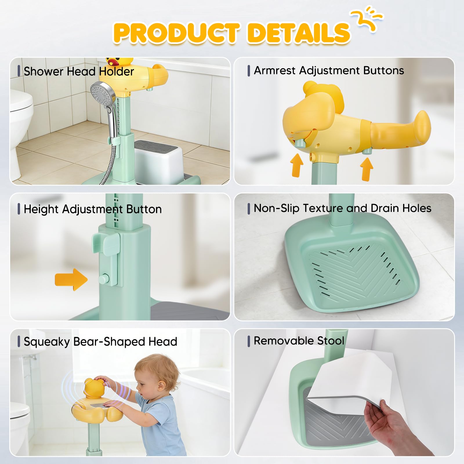 Supporto per Doccia da Bambino, Regolabile in Altezza 47-62cm, Sedia da Bagno con Base Antiscivolo & Sgabello Rimovibile, Senza BPA, Supporto per Doccia per Bambini 6-36 Mesi per Bagnare - 2