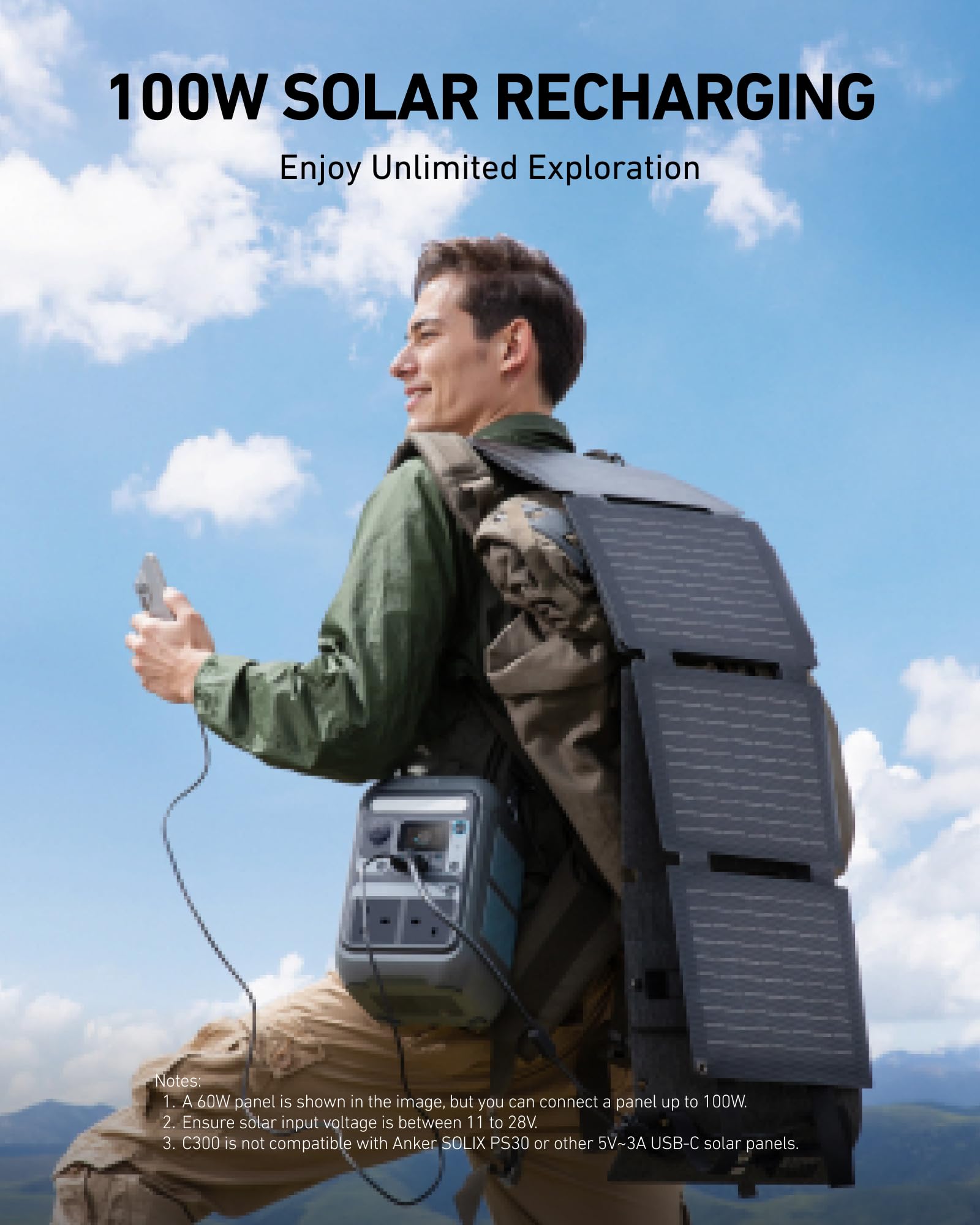 Anker SOLIX C300 Portable Power Station with 100W Solar Panel, 288Wh LiFePO4 Battery, 300W (Peak 600W) Solar Generator, 140W Side Quick Charging Power, for Camping, Outdoors, Travel & Emergency - 5