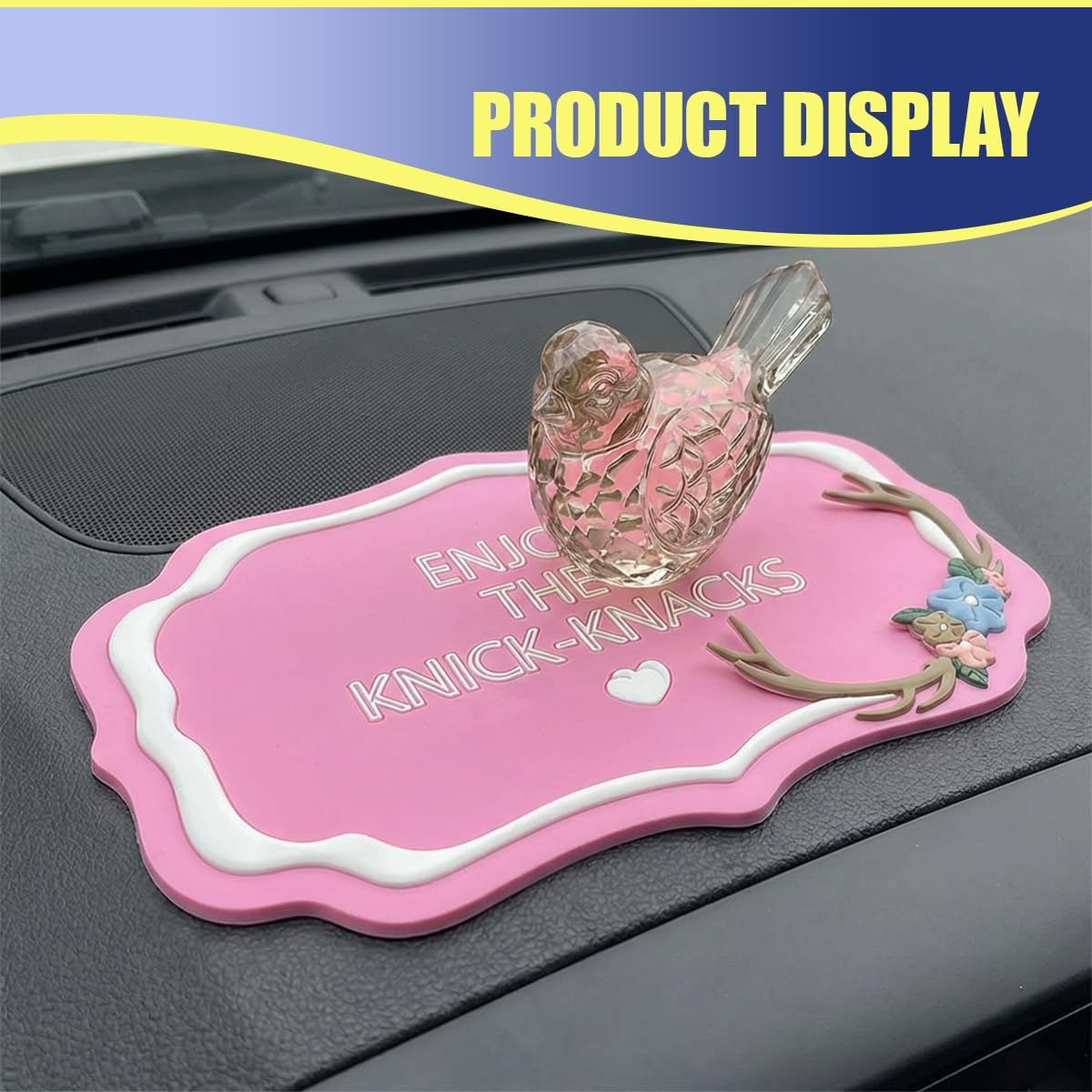 Antlers & Flowers Car Dashboard Anti-Slip Pad, Multifunctional PVC Auto Dash Gripping Mat, Universal Car Interior Sticky Pad Decoration for Phone Coin Sunglass Electronic Device (Pink)