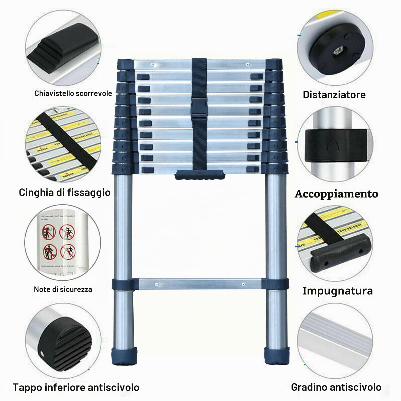 Scaletta telescopica pieghevole da 3,2 m, scala telescopica in 13 ripiani, antiscivolo, scala telescopica da 79 cm a 3,20 m, portata massima: 150 kg