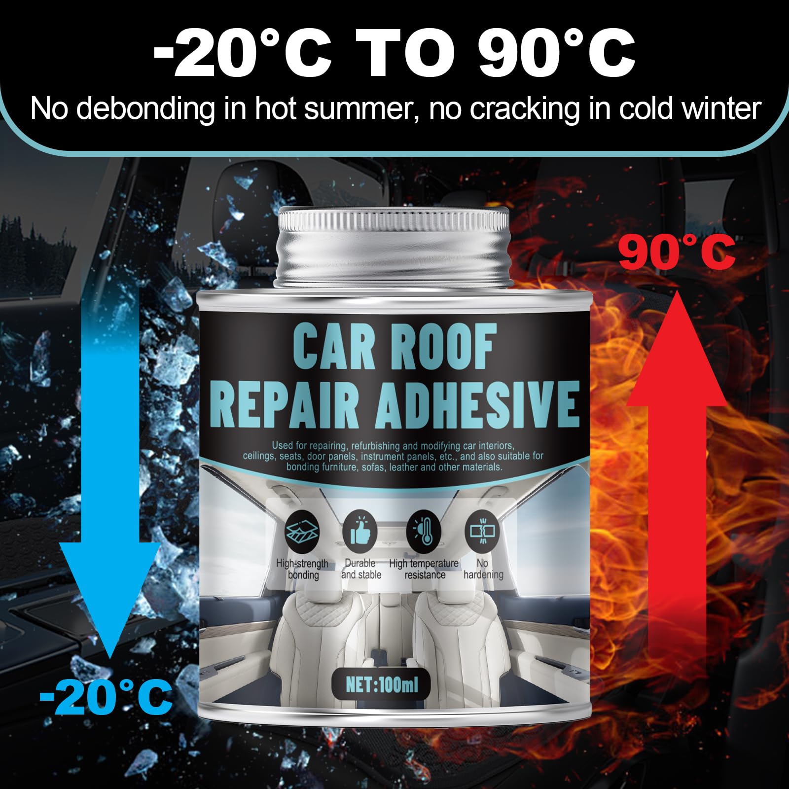 Colla per Cielo Auto, colla per Tessuti Auto, Colla per Alte Temperature Tessuto Auto Cielo, Collas per Tappezzeria Auto per Pelle, Schiuma, Tessuto, Forza Adesiva Super Forte, -20°C A 90°C