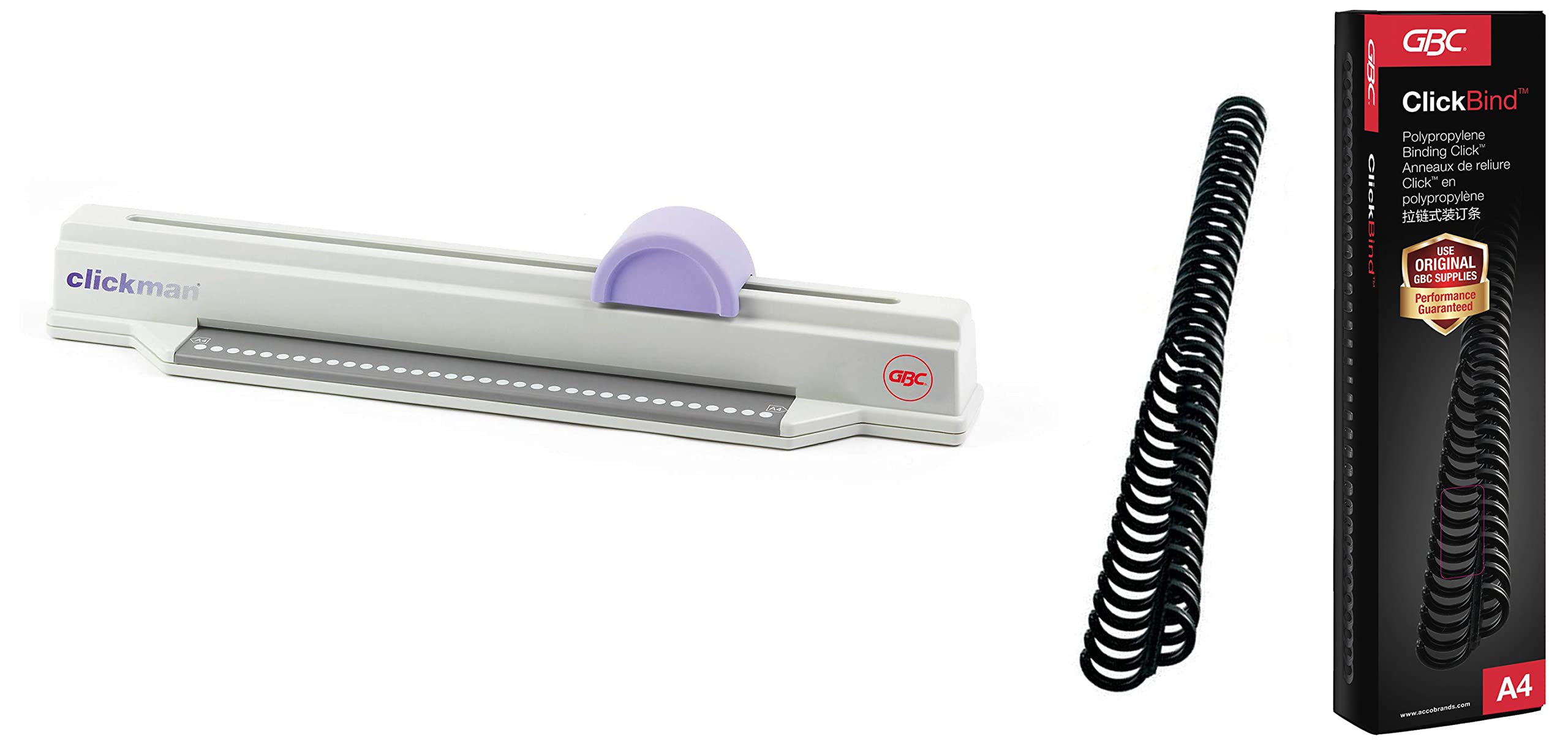 GBC 627254 Clickman Bindegerät & GBC 388019E ClickBind Binderücken, 8 mm, 45 Blatt Kapazität, A4, Ring 34, schwarz, 50 er pack